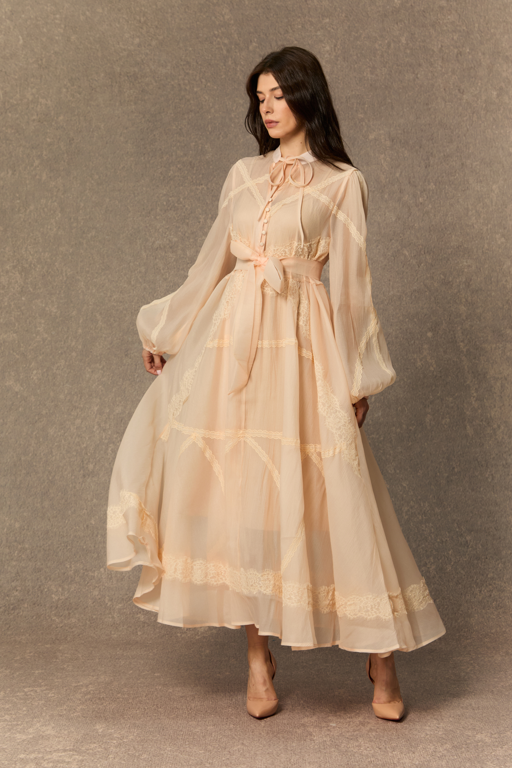 Lovely Details Beige Tie Neck Lace Panel Maxi Dress