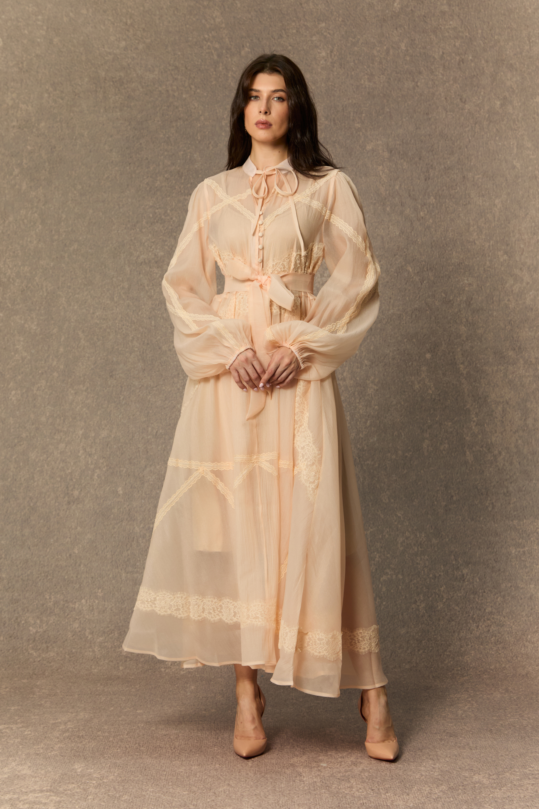 Lovely Details Beige Tie Neck Lace Panel Maxi Dress