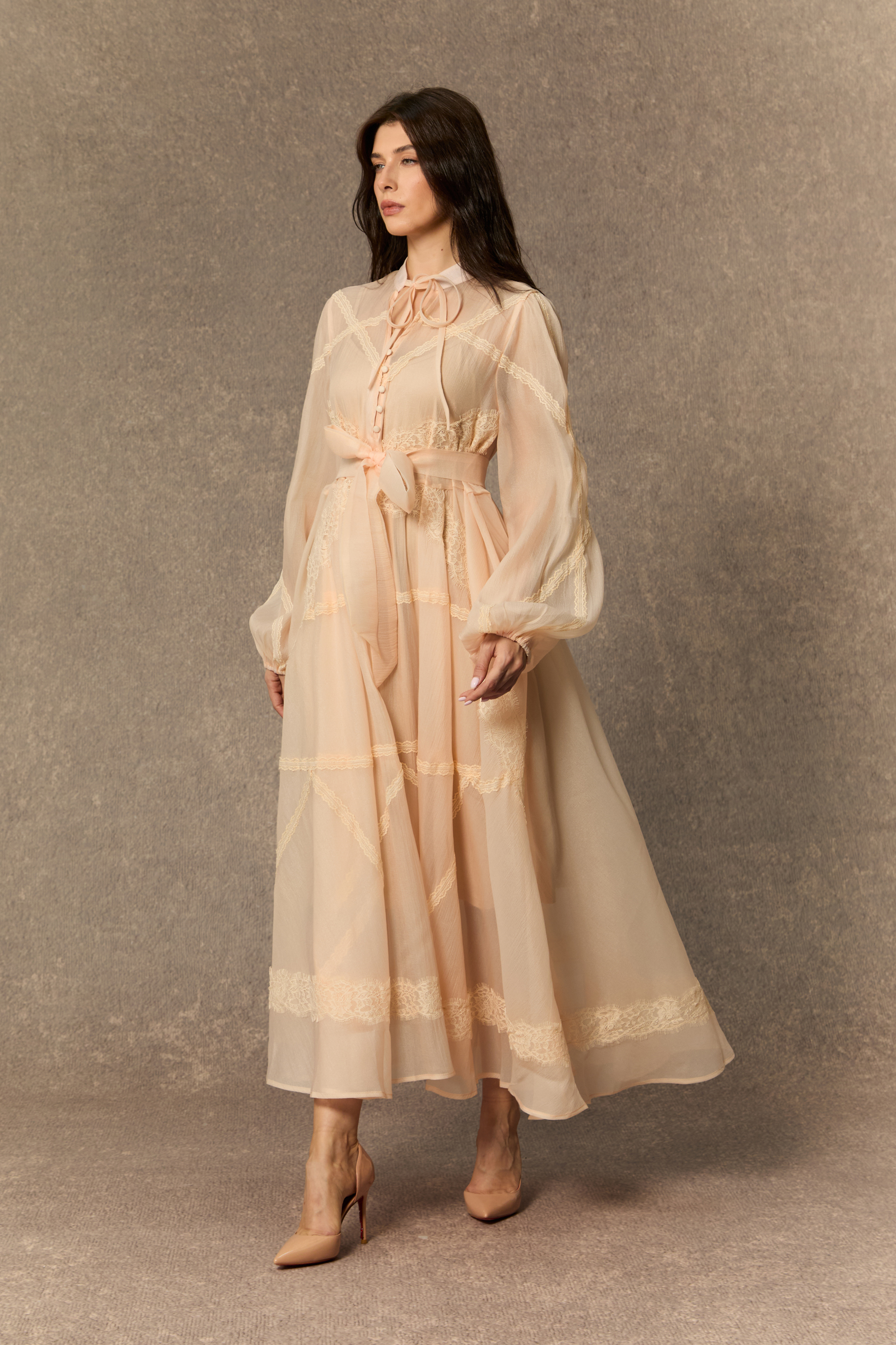 Lovely Details Beige Tie Neck Lace Panel Maxi Dress