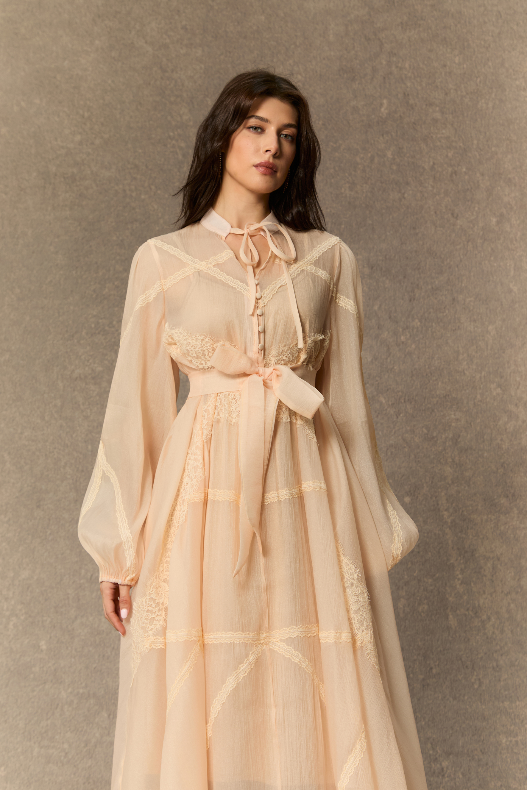 theredthread S cutting lace dress ベージュ Modest Dresses: Lovely Beige Tie Neck Lace Maxi Dress for