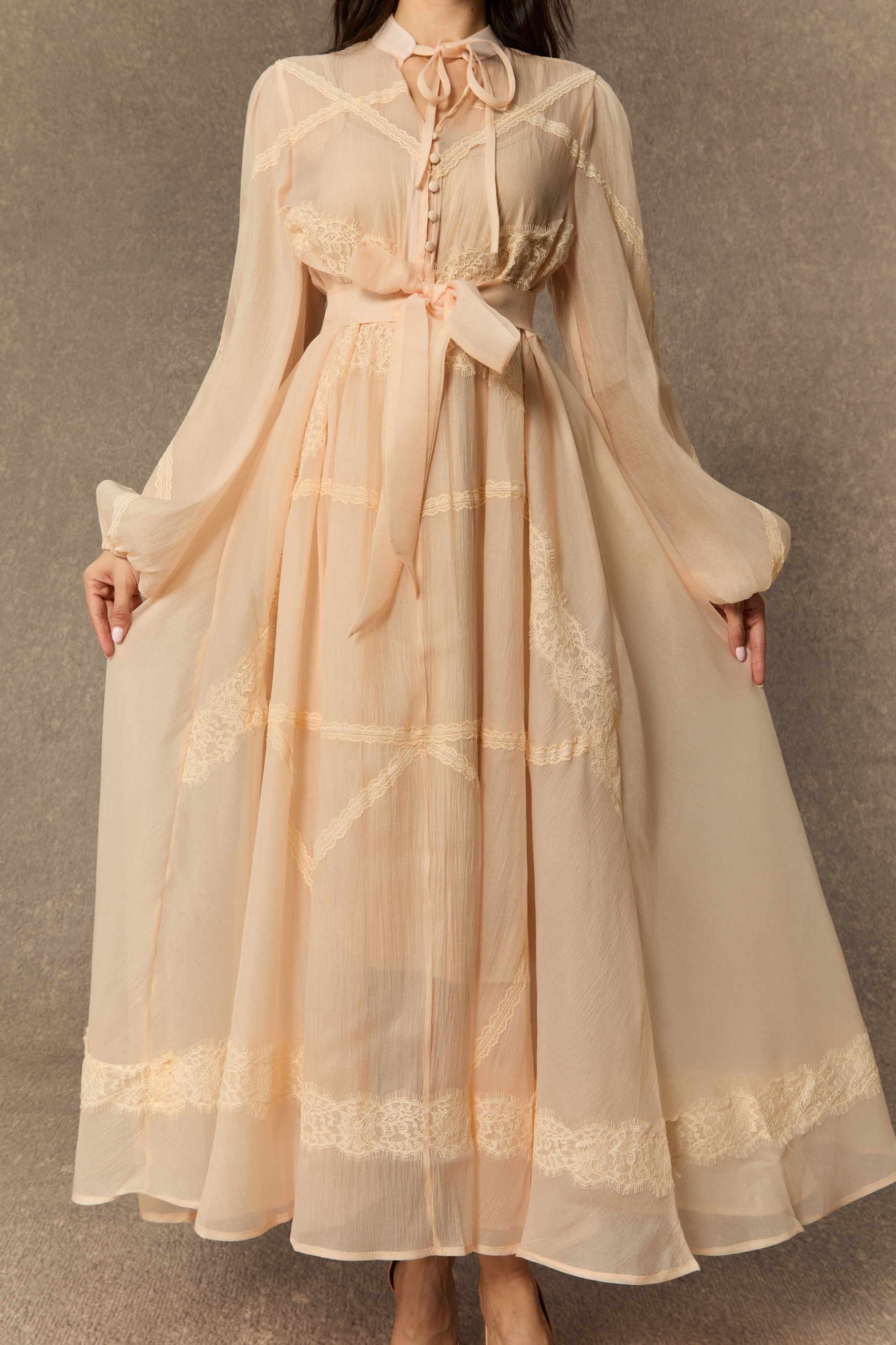 Lovely Details Beige Tie Neck Lace Panel Maxi Dress