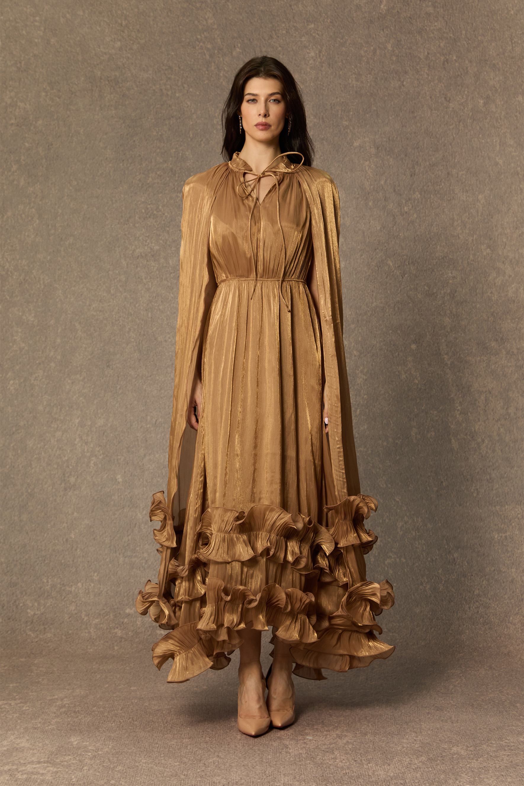 Shirley Ruffled Midi Dress | Tiered Cape Style - sunfere