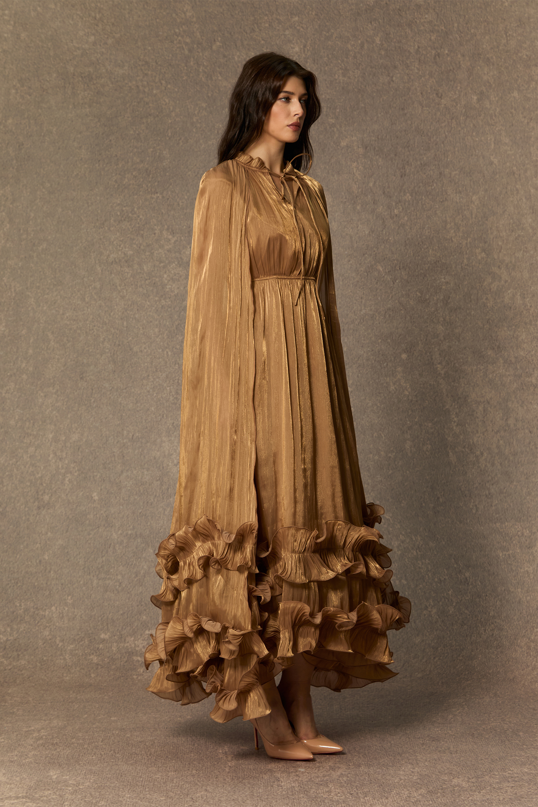 Shirley Ruffled Midi Dress | Tiered Cape Style - sunfere