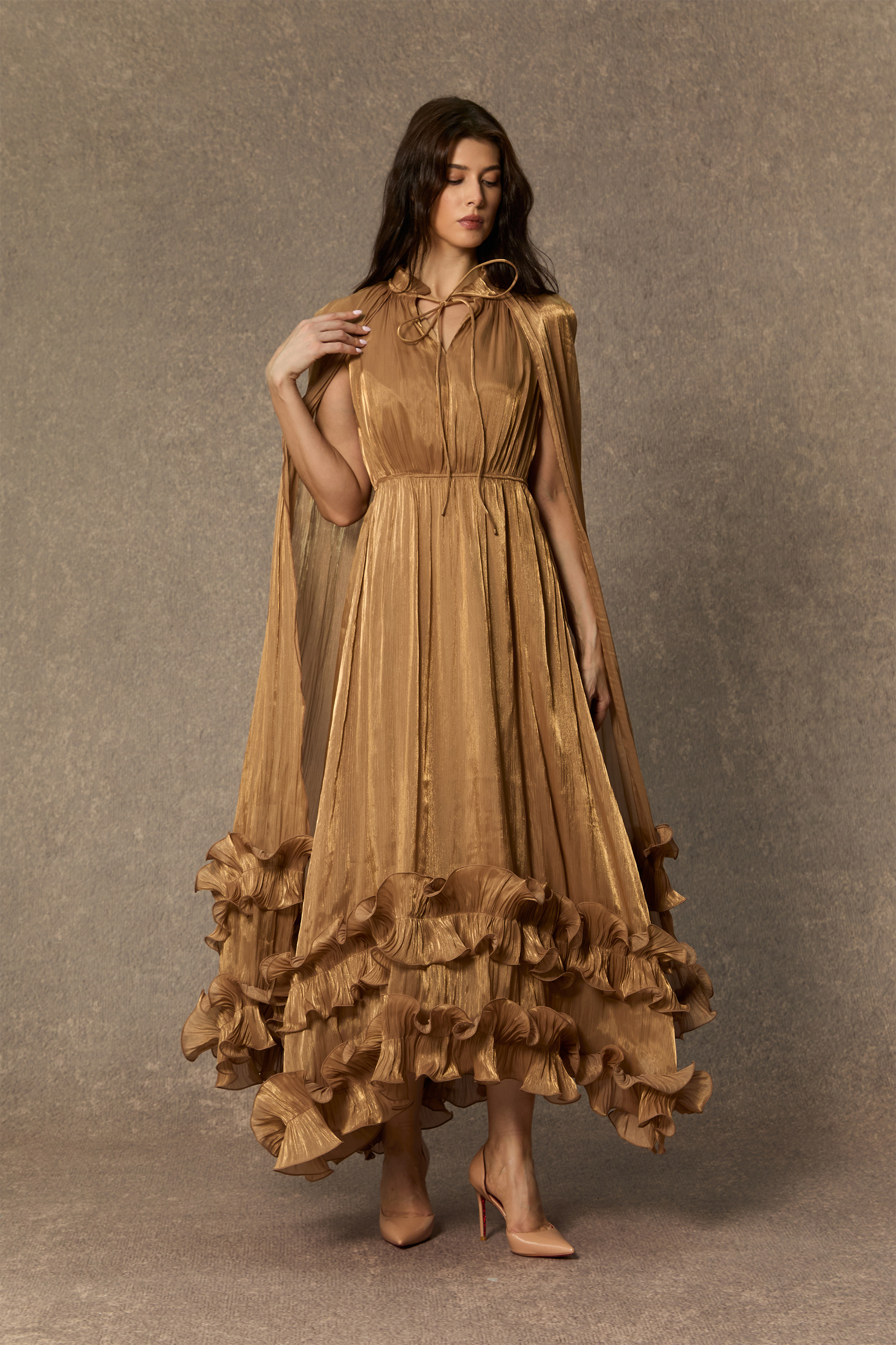 Shirley Ruffled Midi Dress | Tiered Cape Style - sunfere