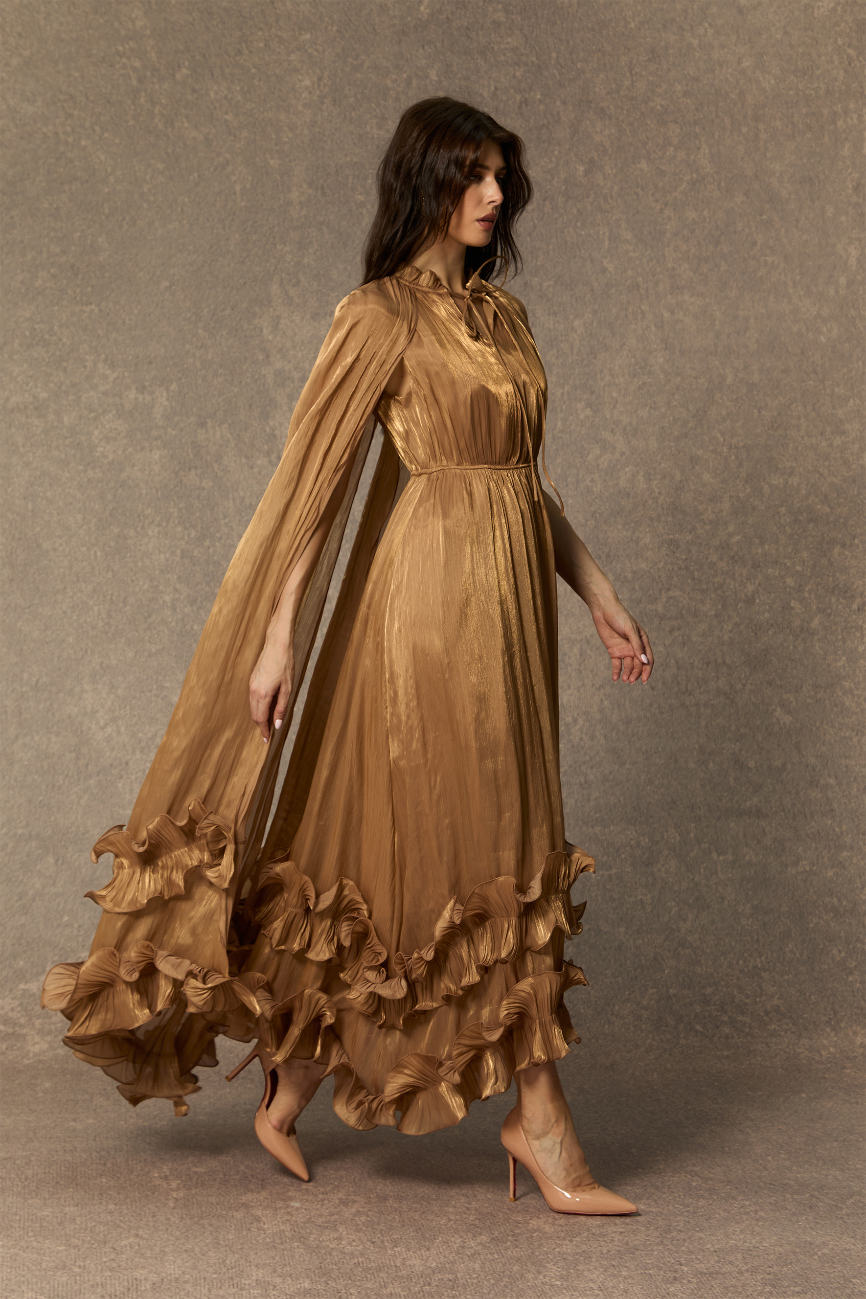 Shirley Cape-effect Ruffled Midi Dress