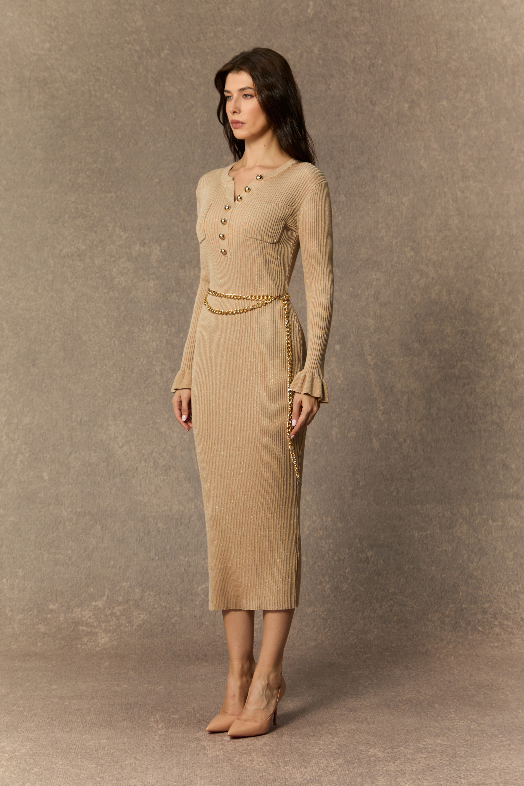 City Of Luxe Beige Ruffled Cuff Knit Midi Dress