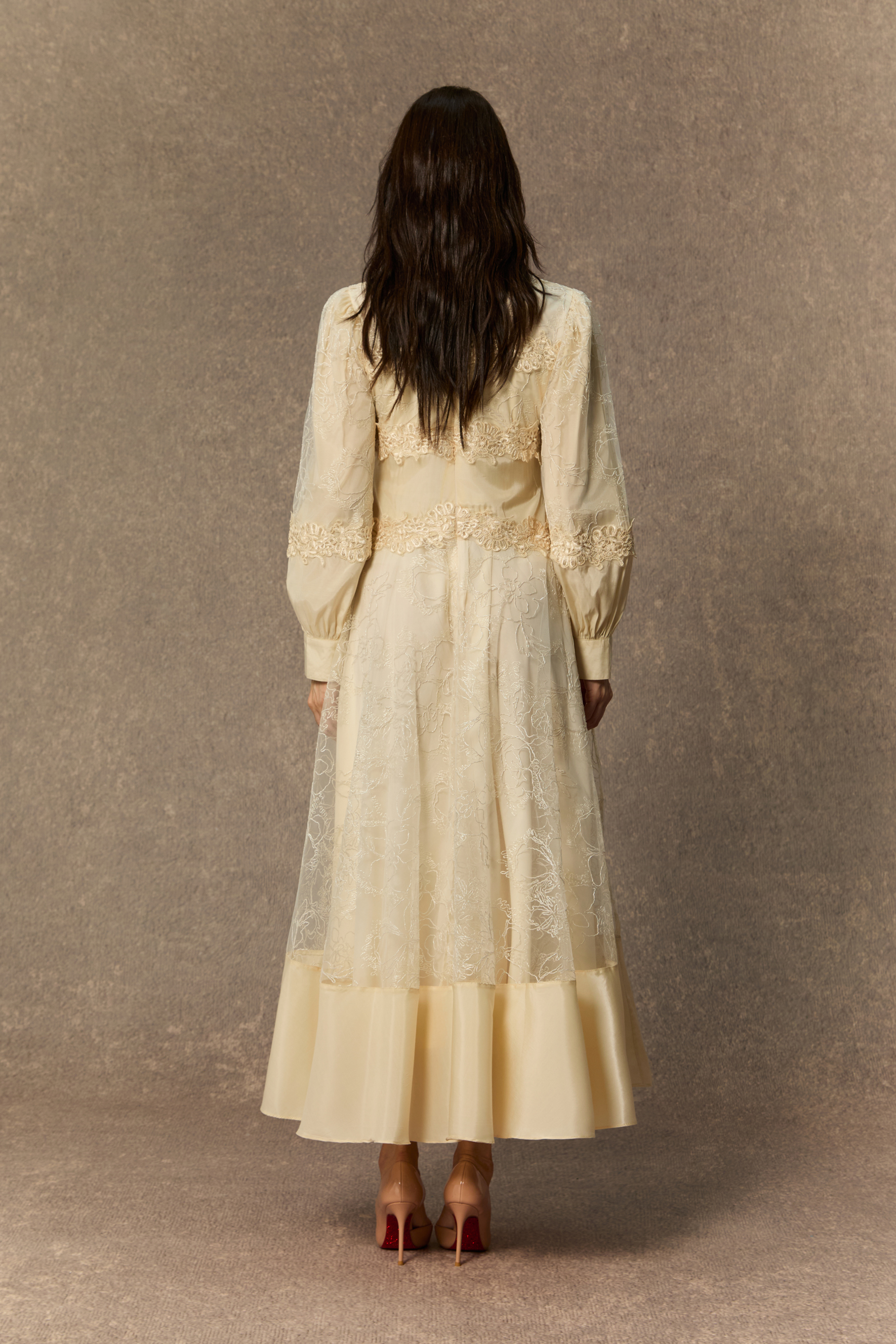 Deep Dreams Beige Lace Embroidered Lantern Sleeve Maxi Dress