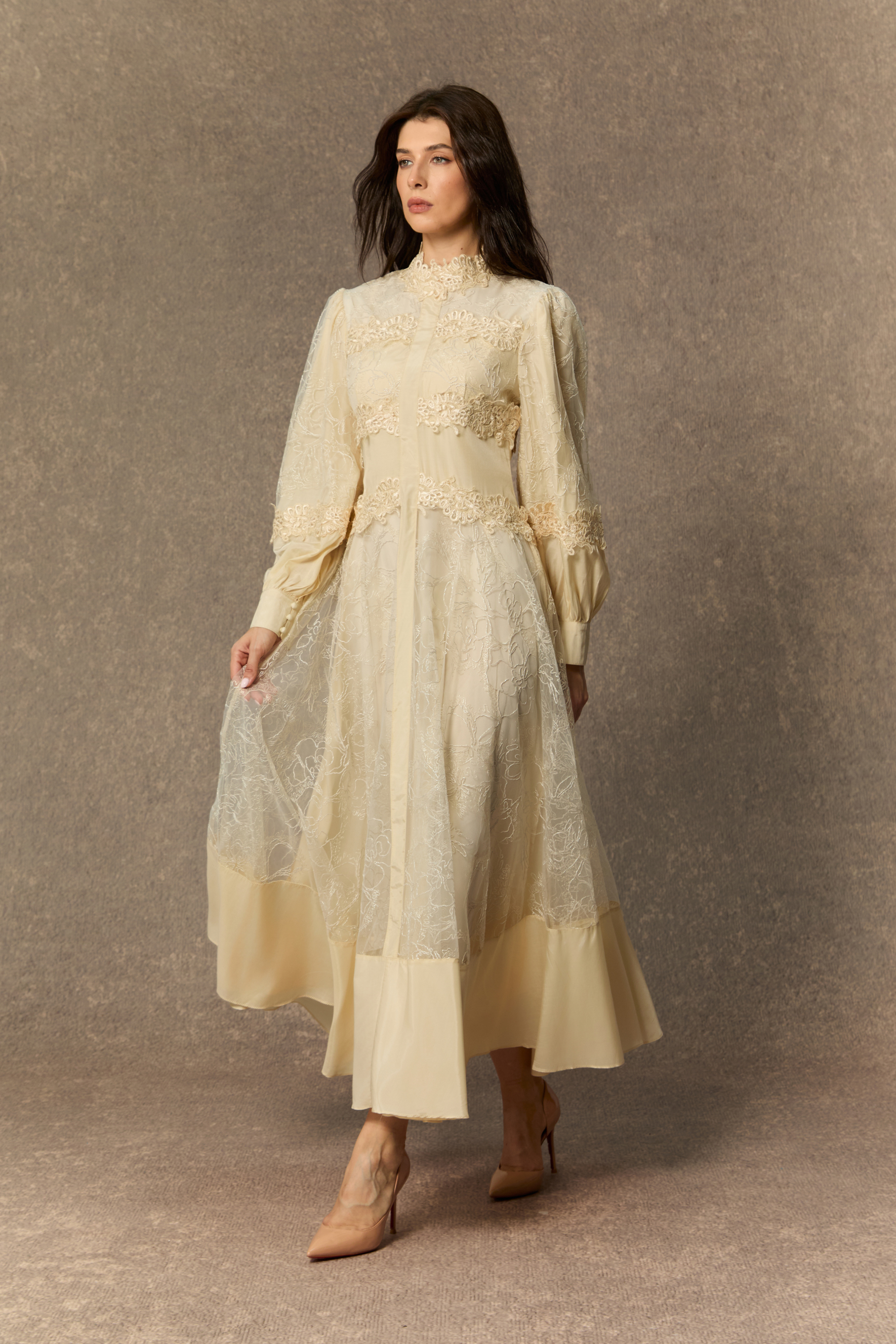 Deep Dreams Beige Lace Embroidered Lantern Sleeve Maxi Dress