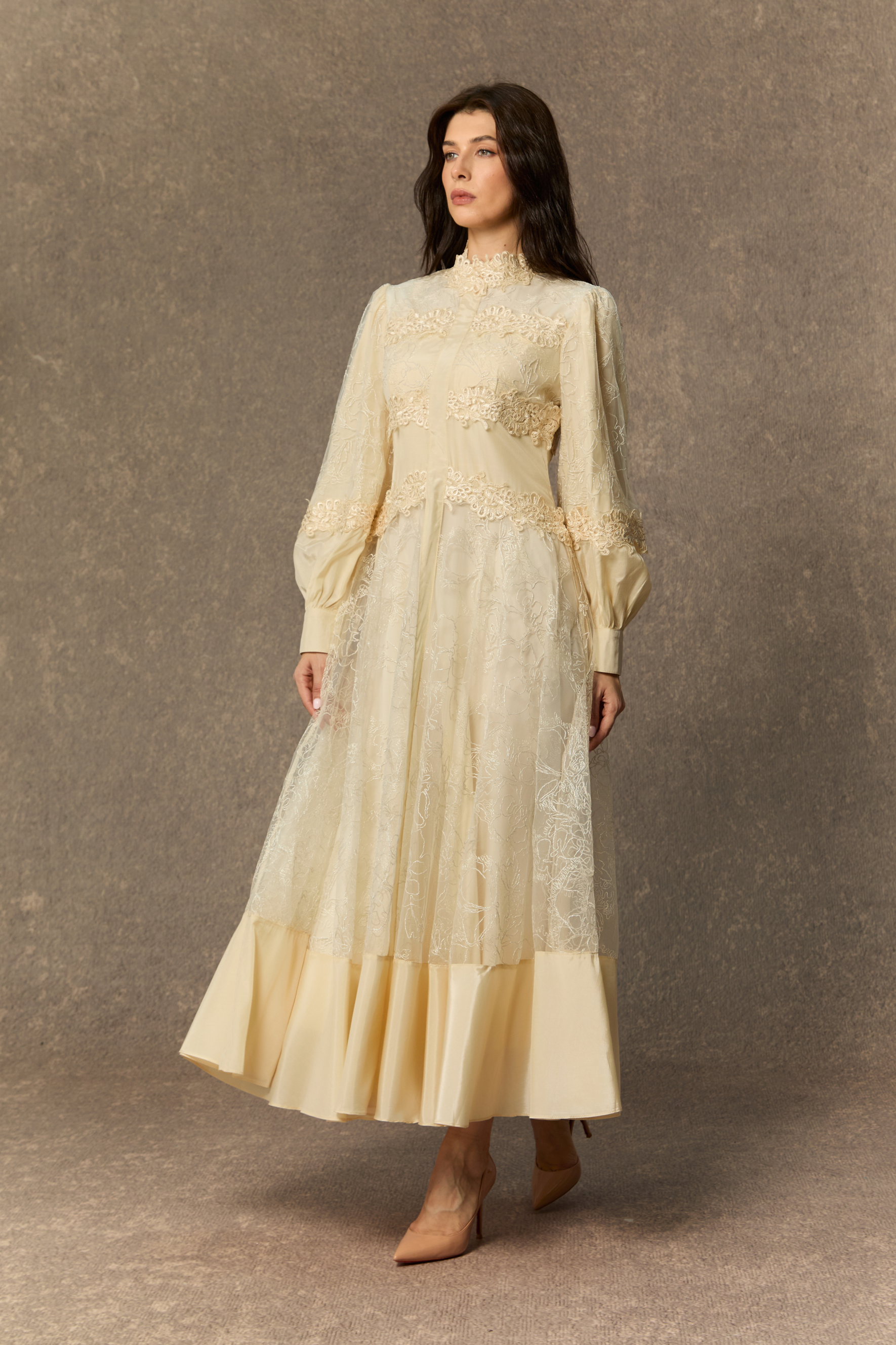 Deep Dreams Beige Lace Embroidered Lantern Sleeve Maxi Dress