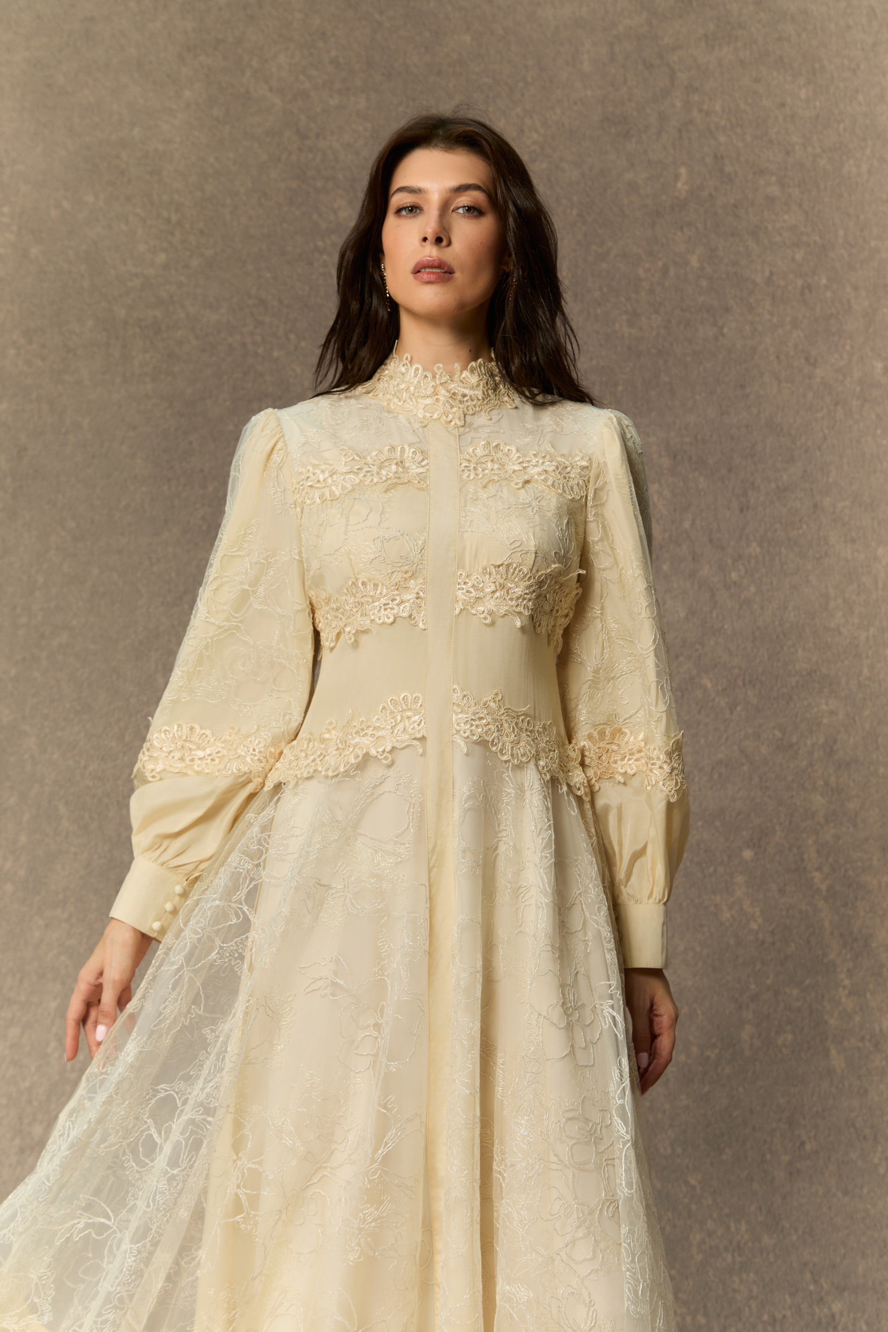 Deep Dreams Beige Lace Embroidered Lantern Sleeve Maxi Dress