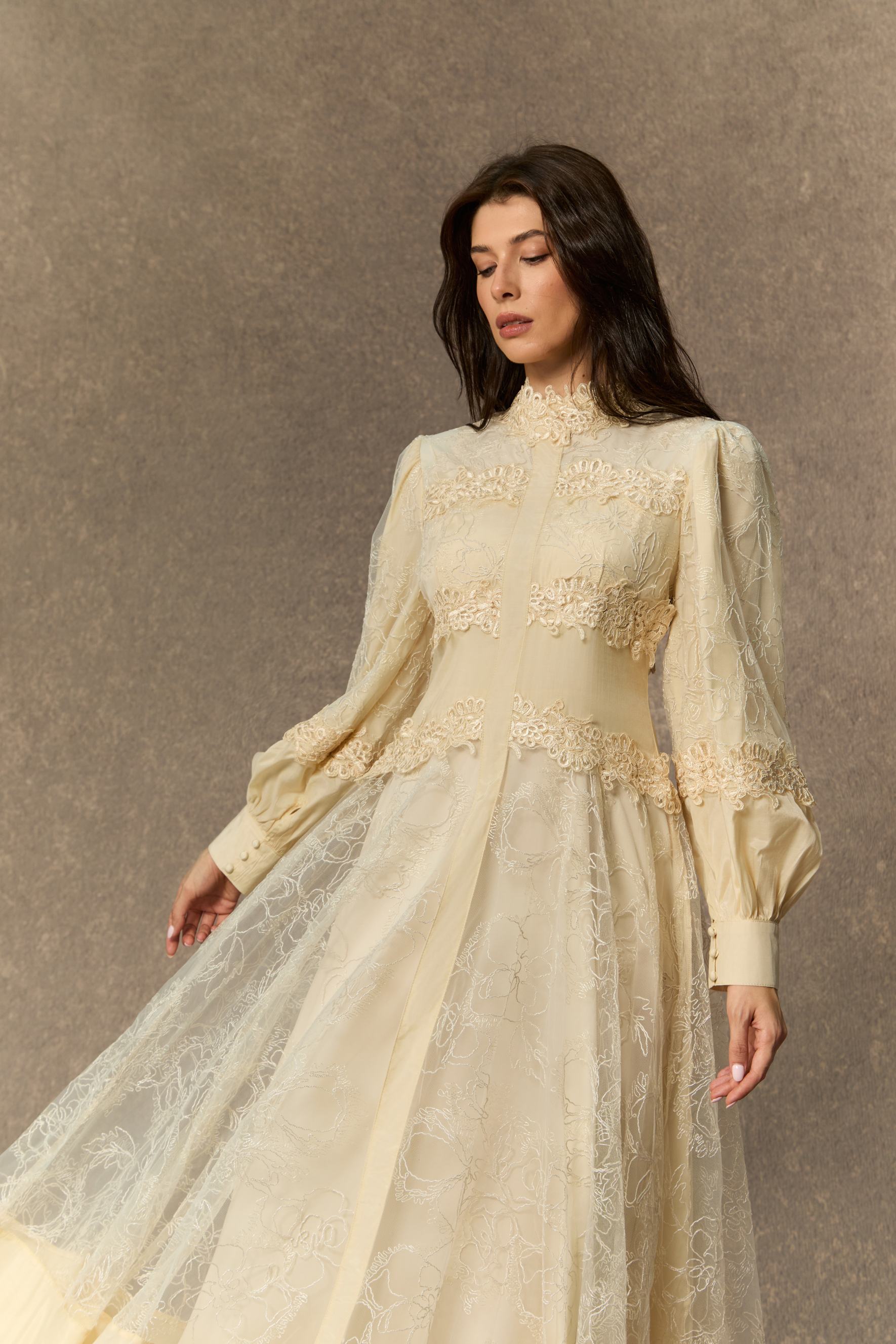 Deep Dreams Beige Lace Embroidered Lantern Sleeve Maxi Dress