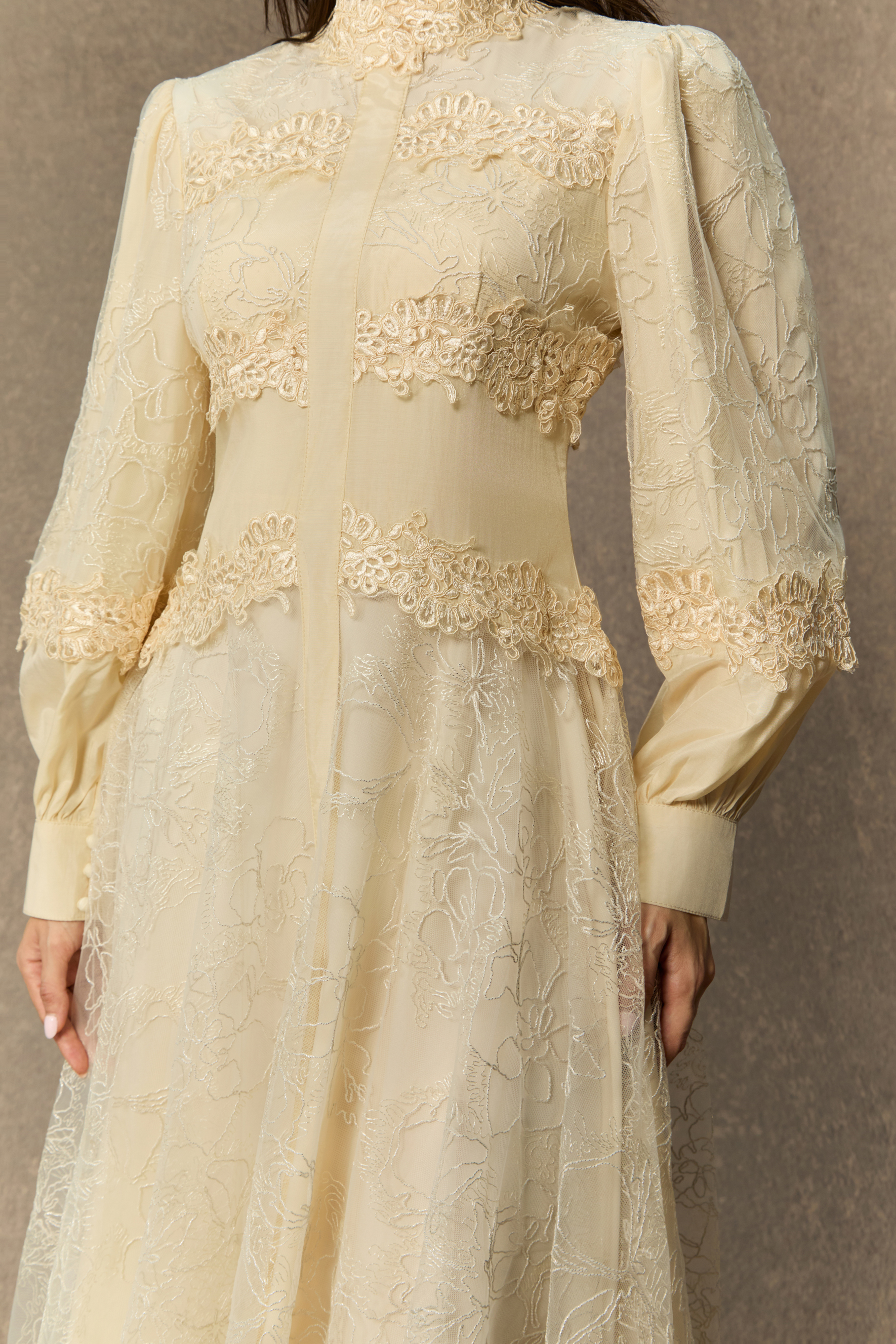 Deep Dreams Beige Lace Embroidered Lantern Sleeve Maxi Dress