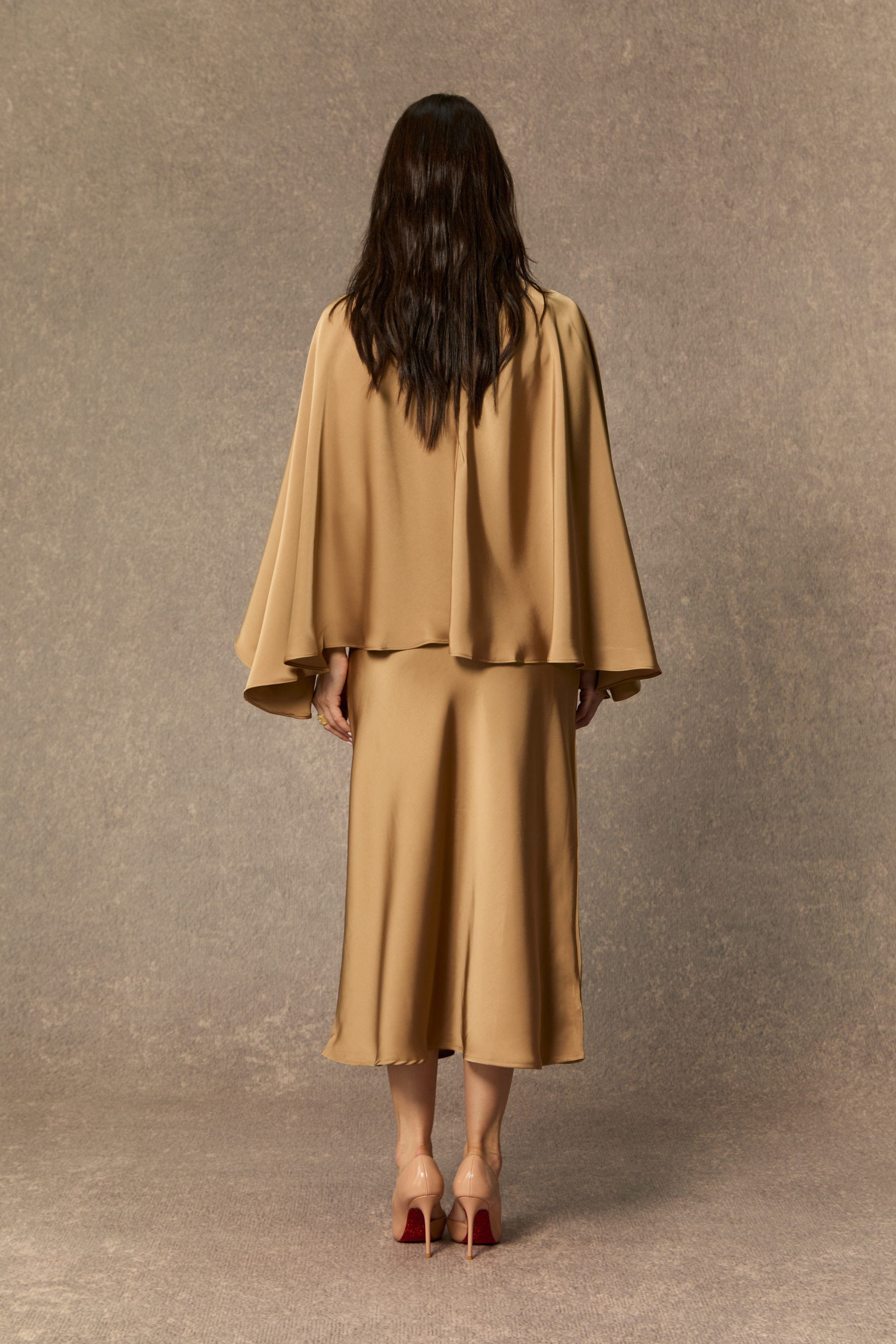 Captivating Presence Khaki Draped Cape & Midi Dress Set
