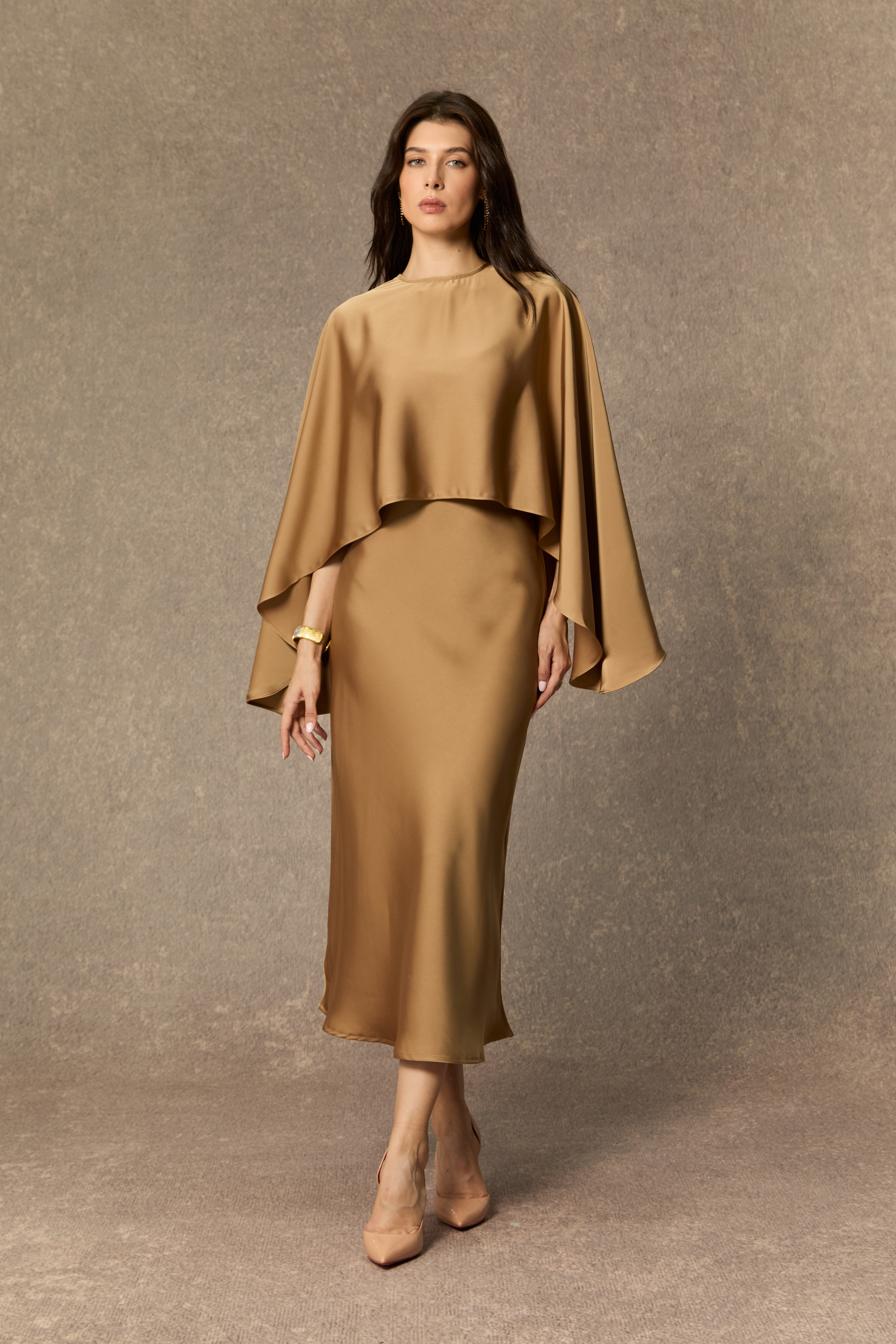 Captivating Presence Khaki Draped Cape & Midi Dress Set