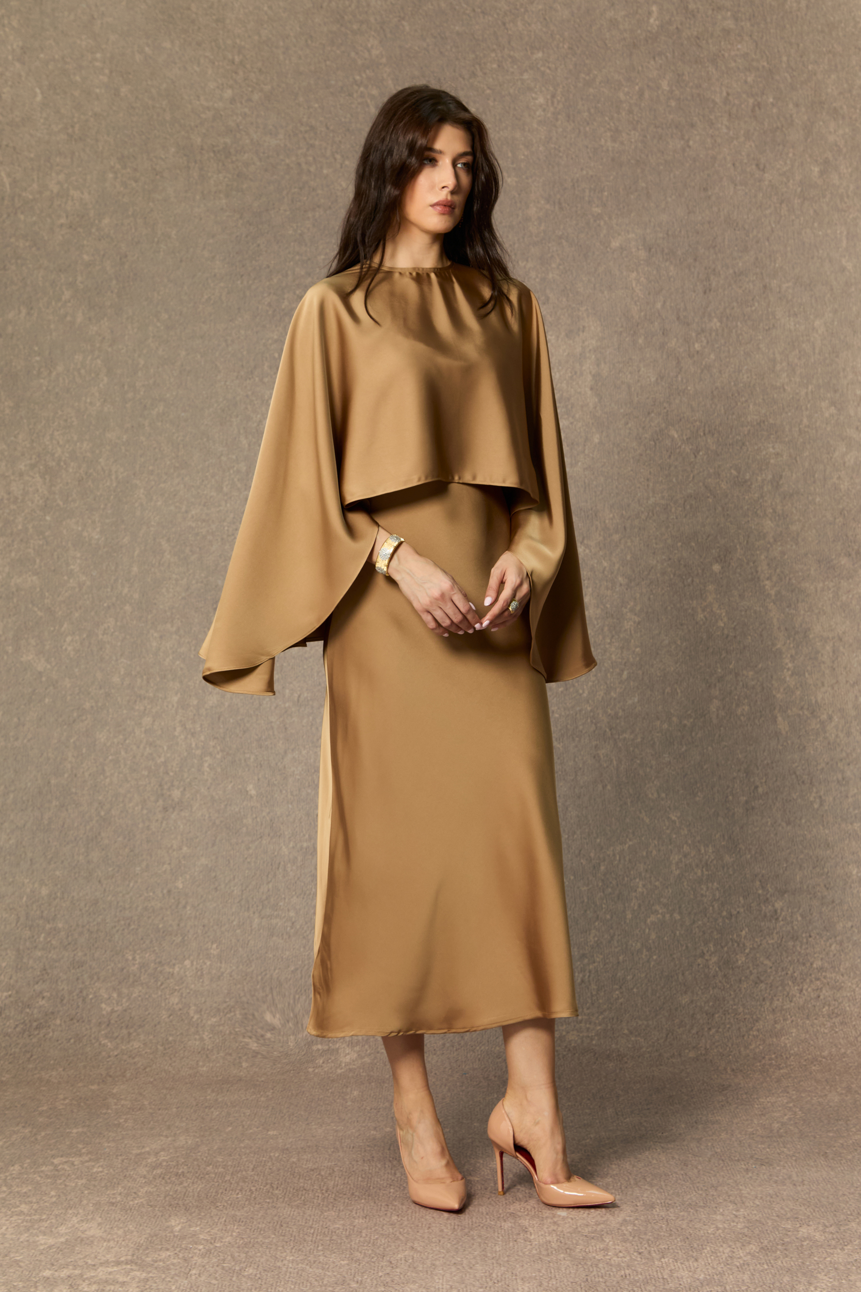 Captivating Presence Khaki Draped Cape & Midi Dress Set