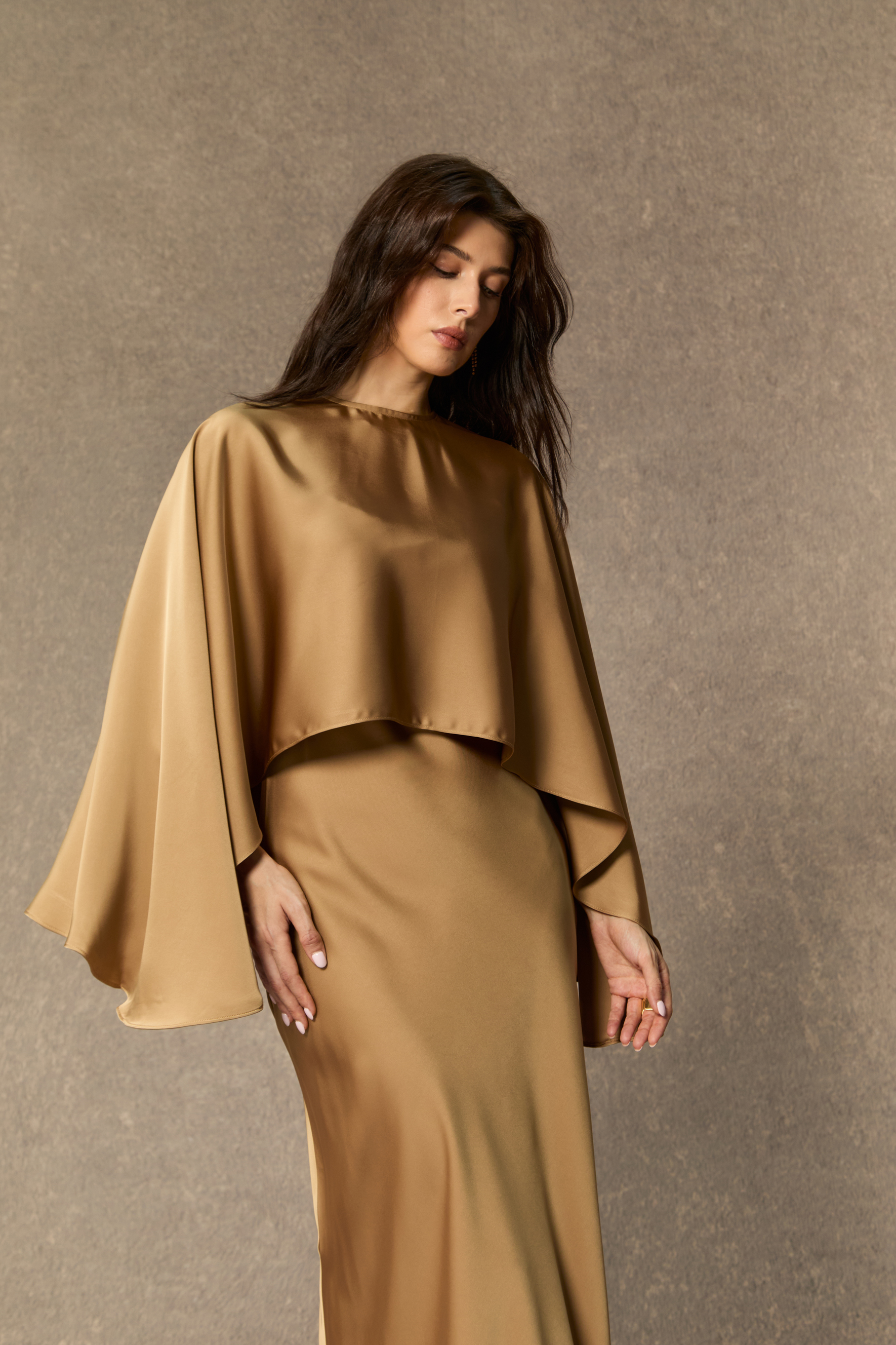 Captivating Presence Khaki Draped Cape & Midi Dress Set