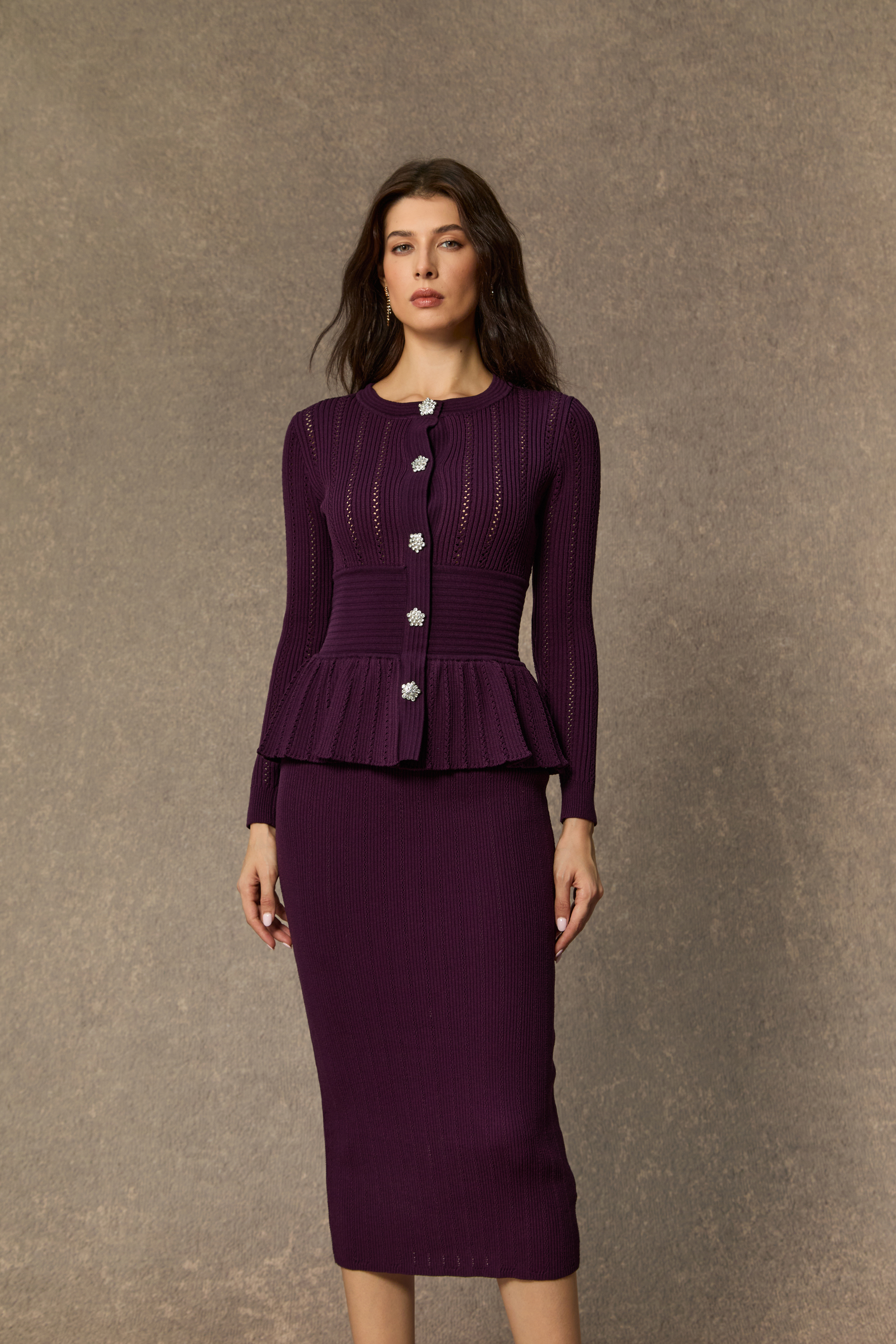 Chic Poise Purple Openwork Ruffled Knit Maxi Dress