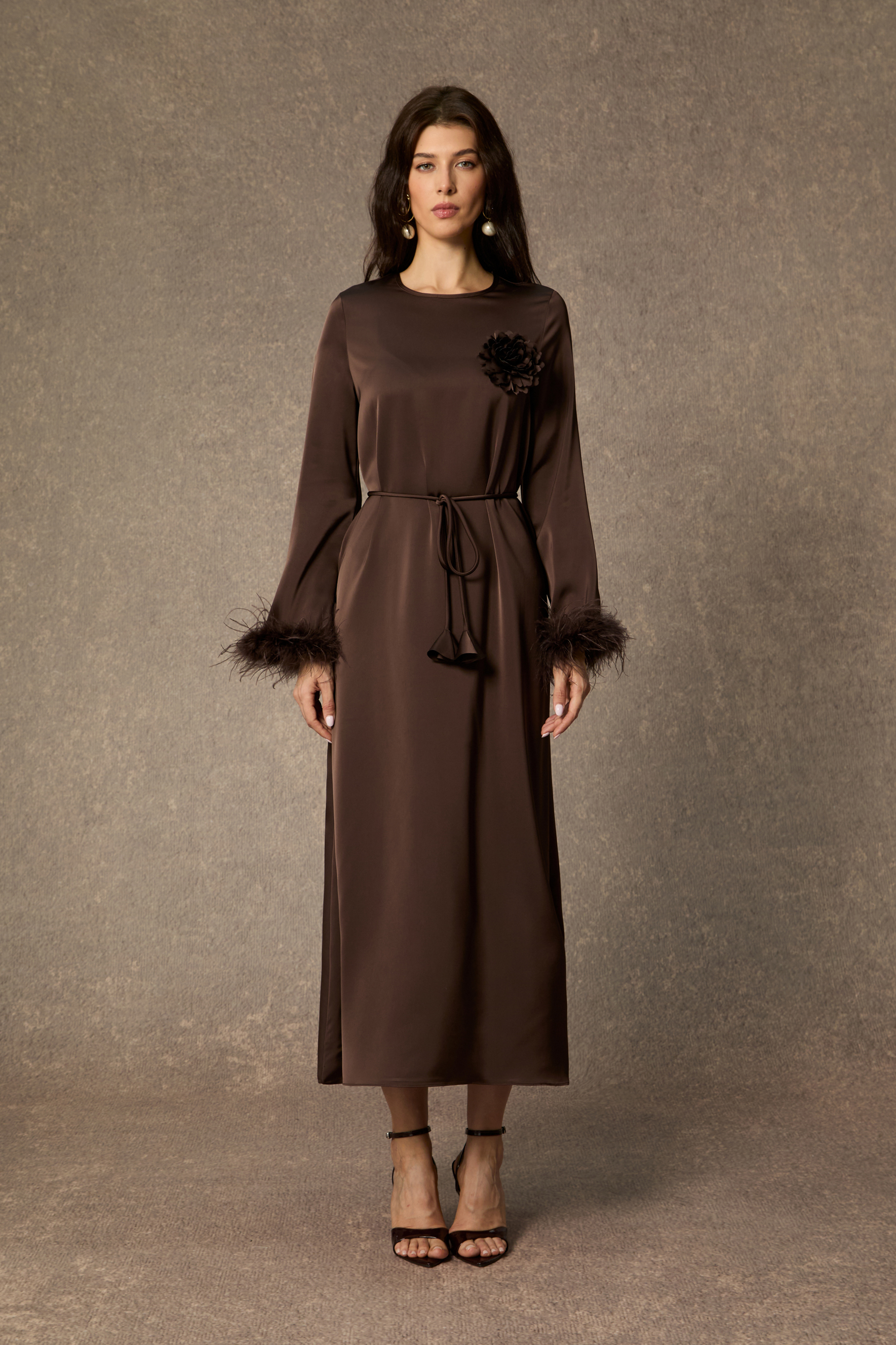 Effortlessly Luxe Brown Feather Cuff Midi Dress
