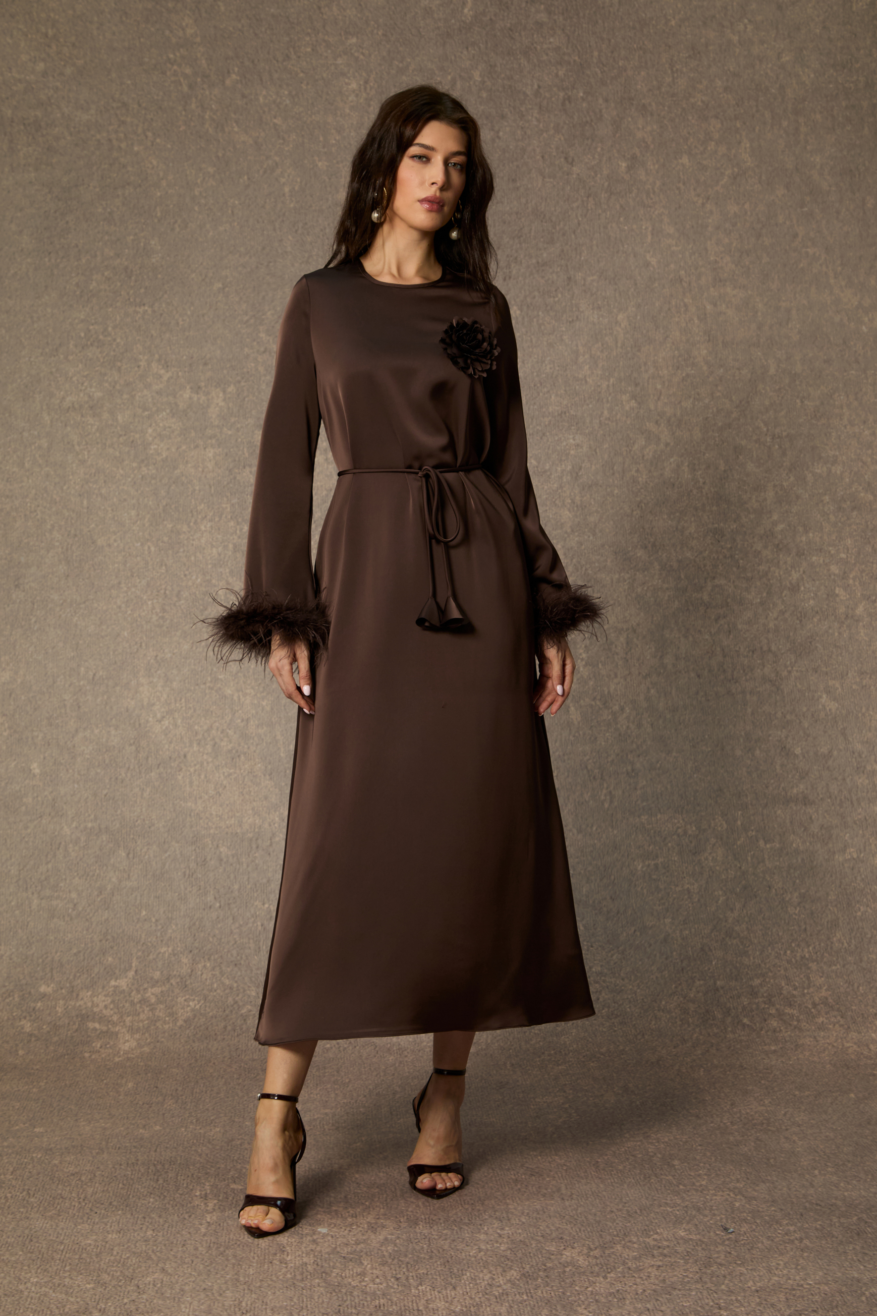 Effortlessly Luxe Brown Feather Cuff Midi Dress