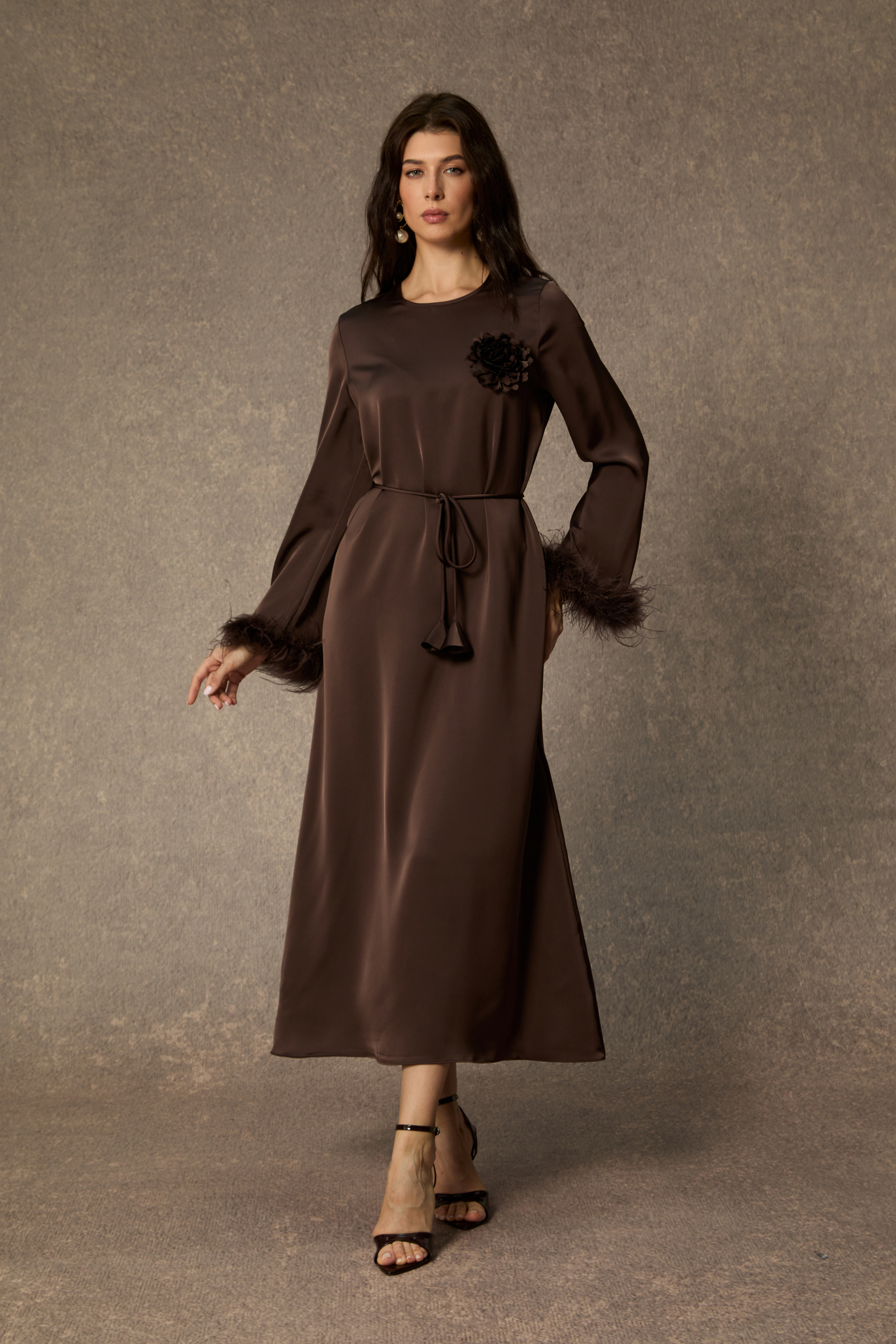 Effortlessly Luxe Brown Feather Cuff Midi Dress