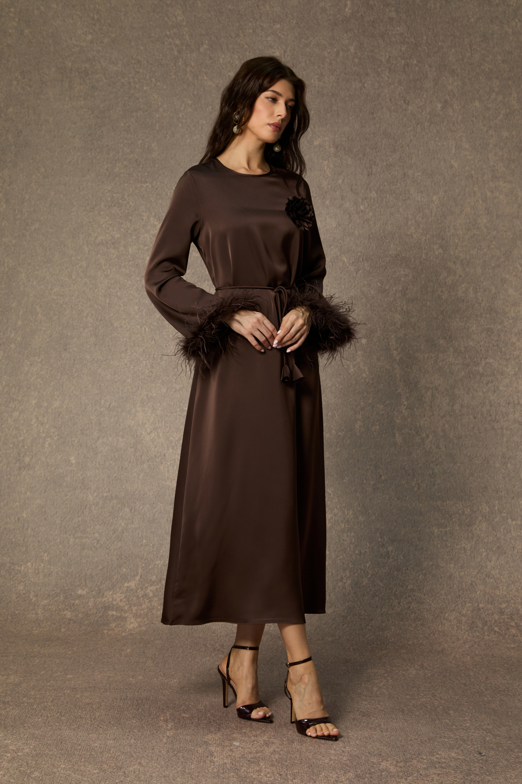 Effortlessly Luxe Brown Feather Cuff Midi Dress