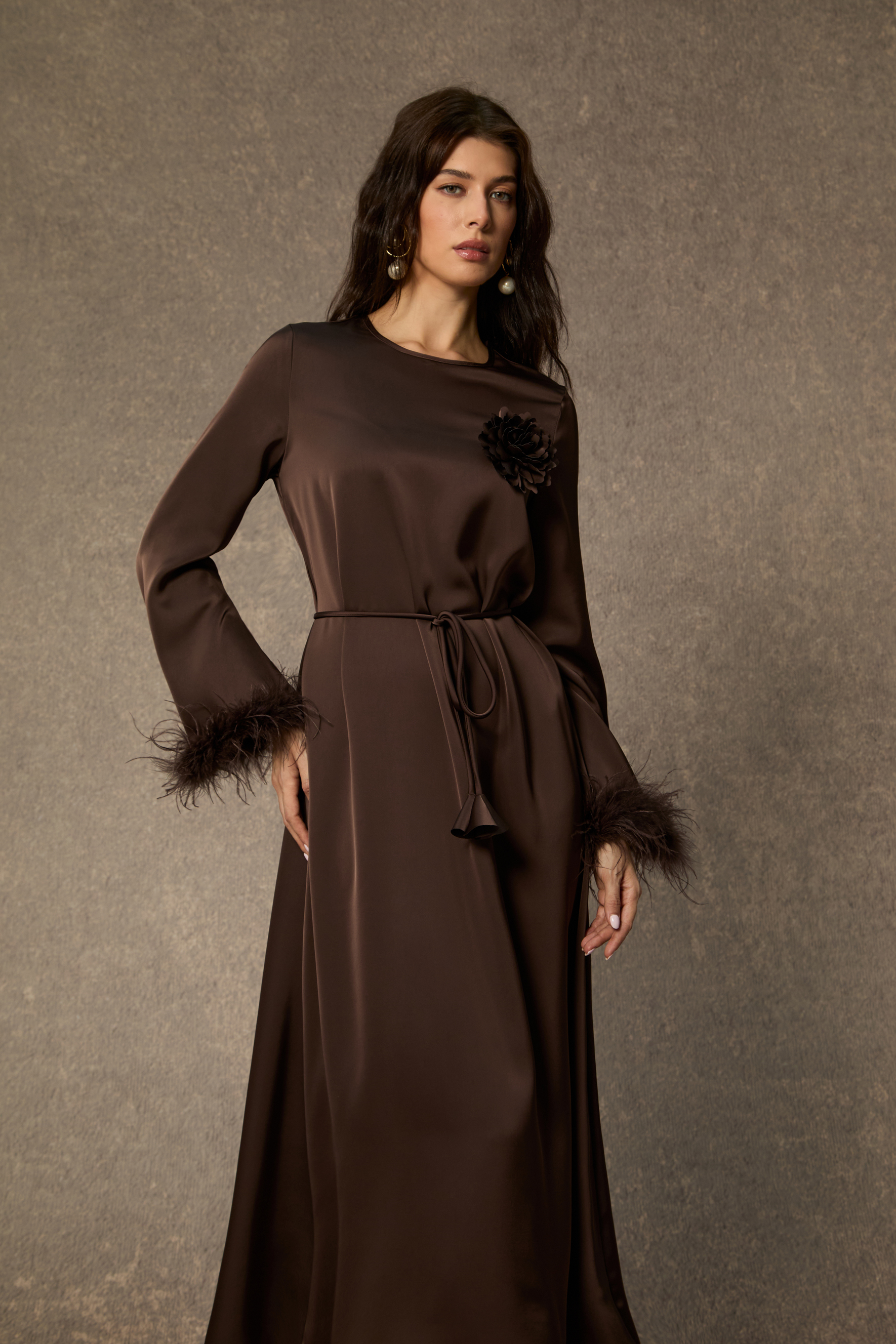 Effortlessly Luxe Brown Feather Cuff Midi Dress