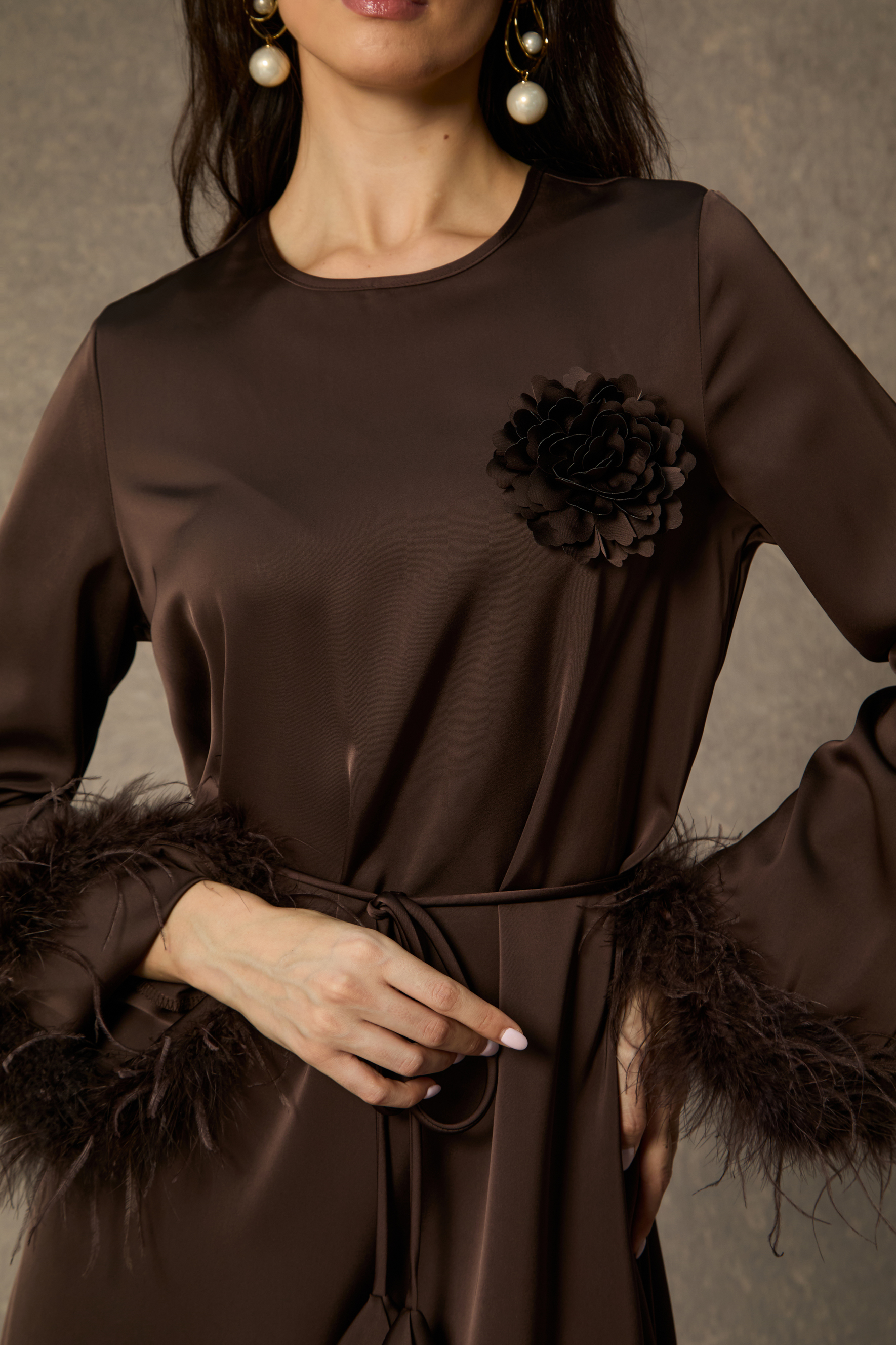 Effortlessly Luxe Brown Feather Cuff Midi Dress