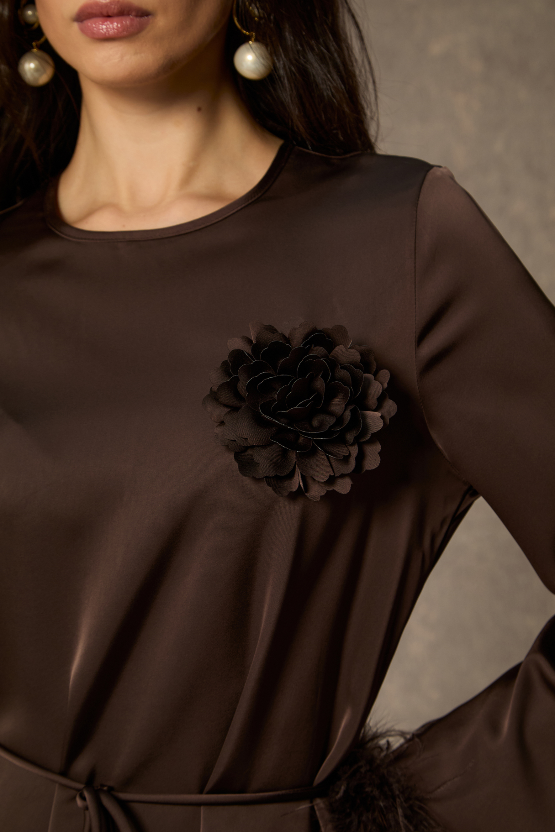 Effortlessly Luxe Brown Feather Cuff Midi Dress