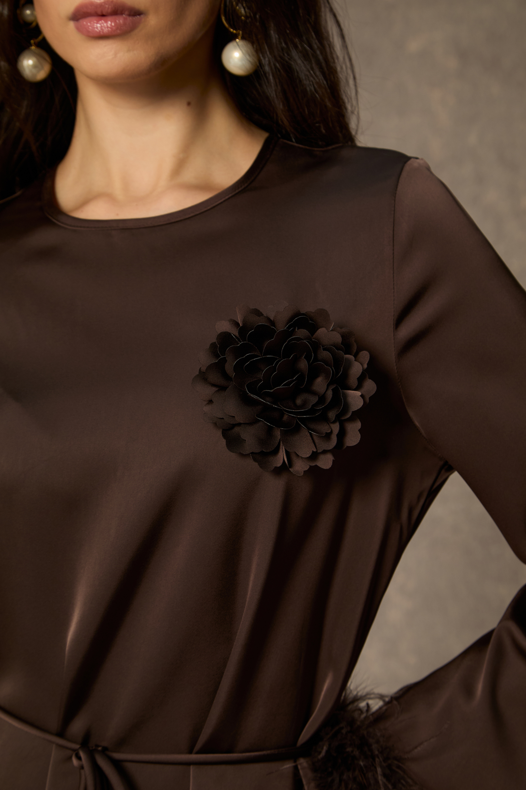 Effortlessly Luxe Brown Feather Cuff Midi Dress