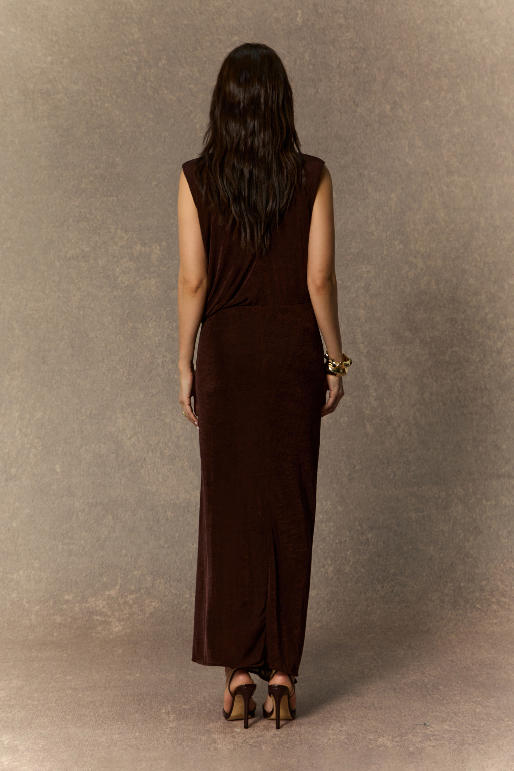 Effortlessly Yours Brown Sleeveless Draped Maxi Dress
