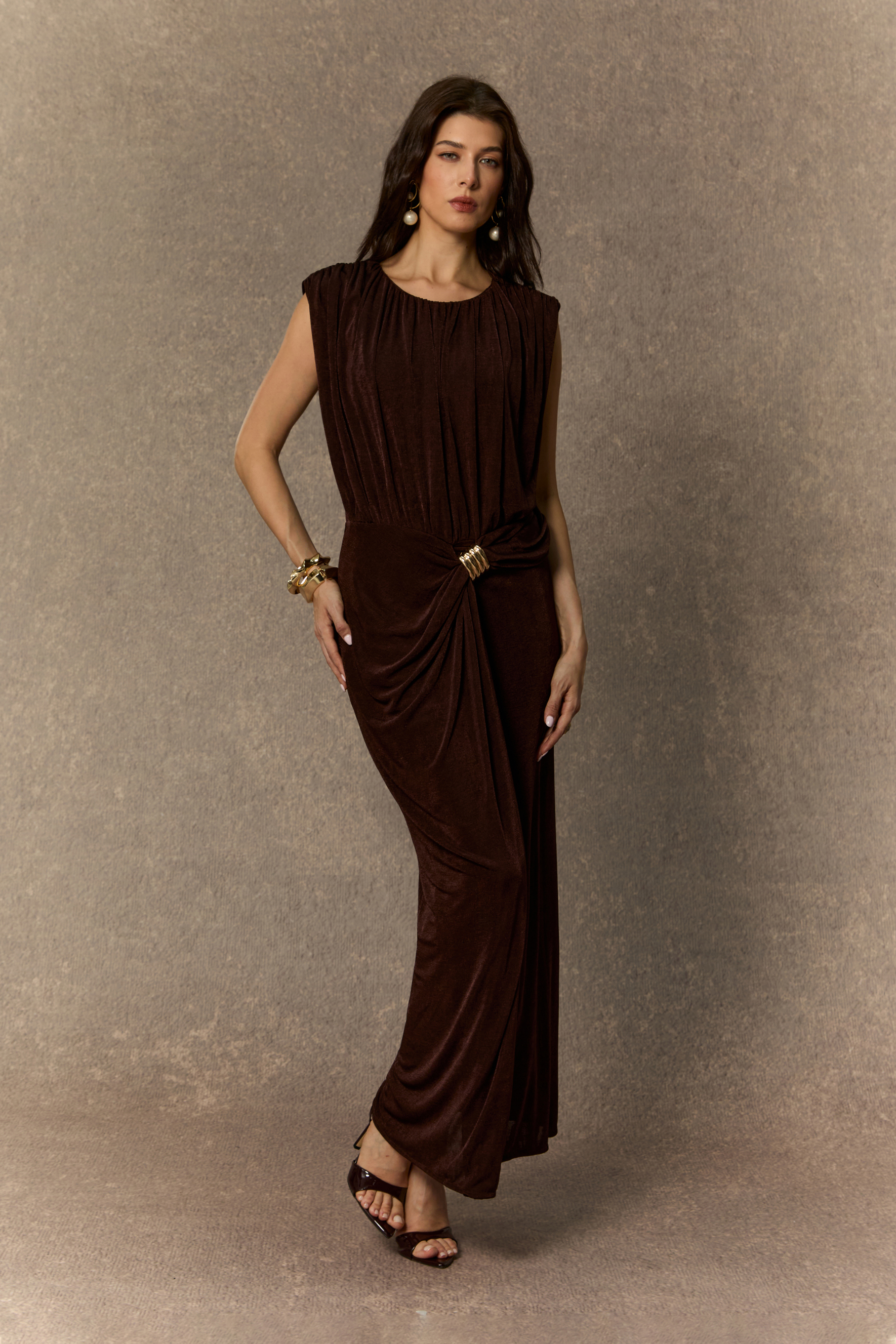 Effortlessly Yours Brown Sleeveless Draped Maxi Dress