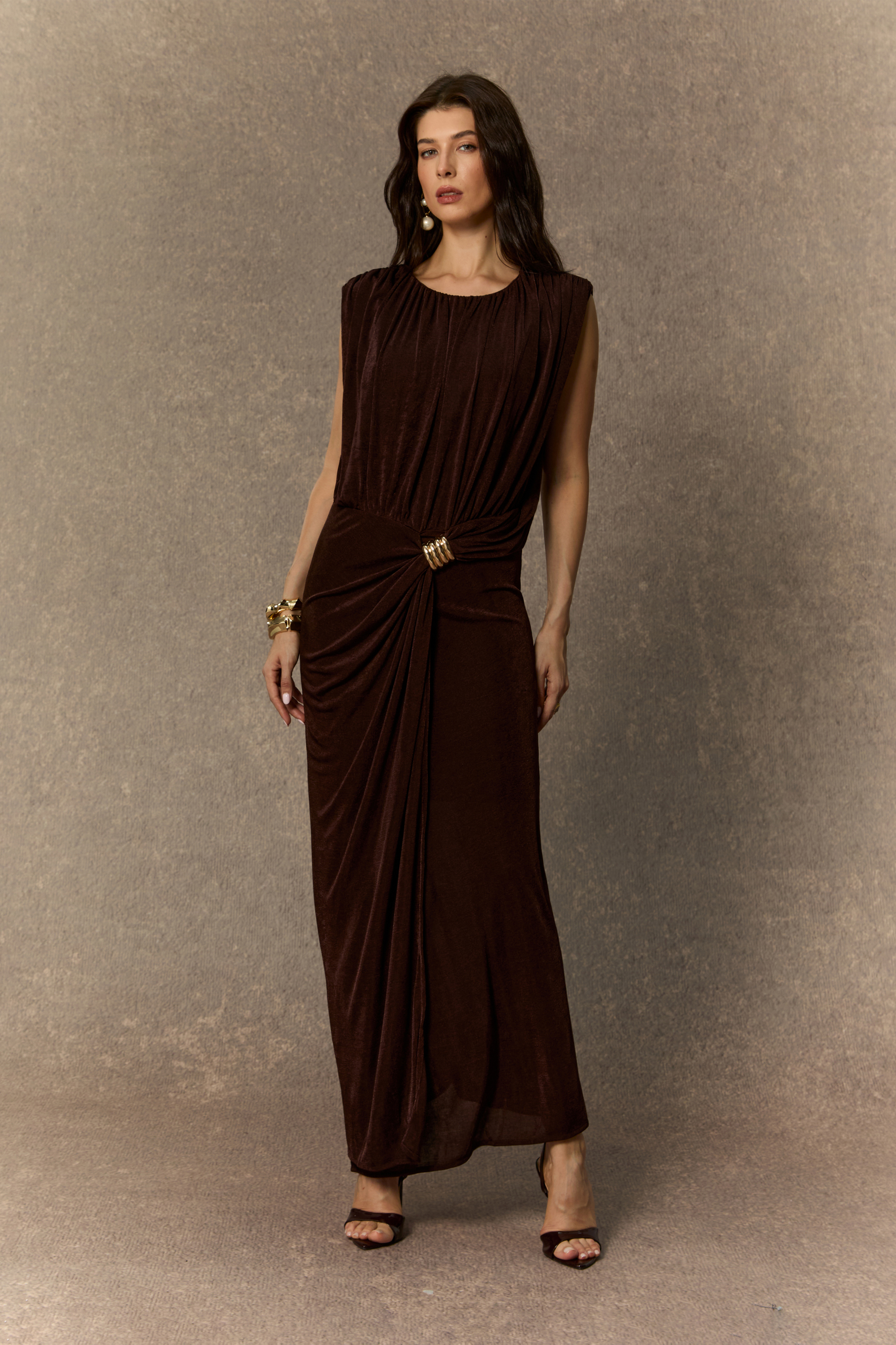 Effortlessly Yours Brown Sleeveless Draped Maxi Dress