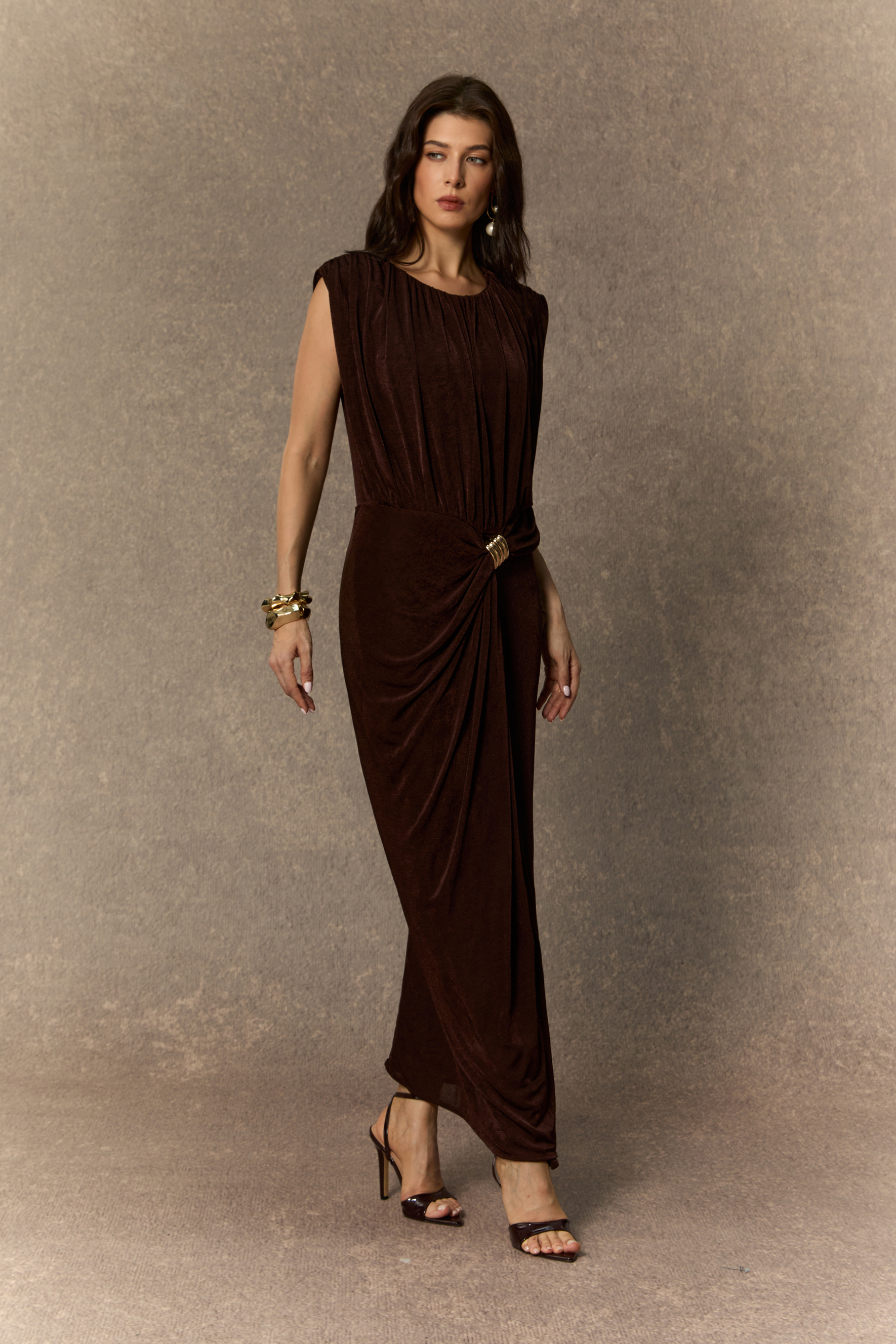 Effortlessly Yours Brown Sleeveless Draped Maxi Dress