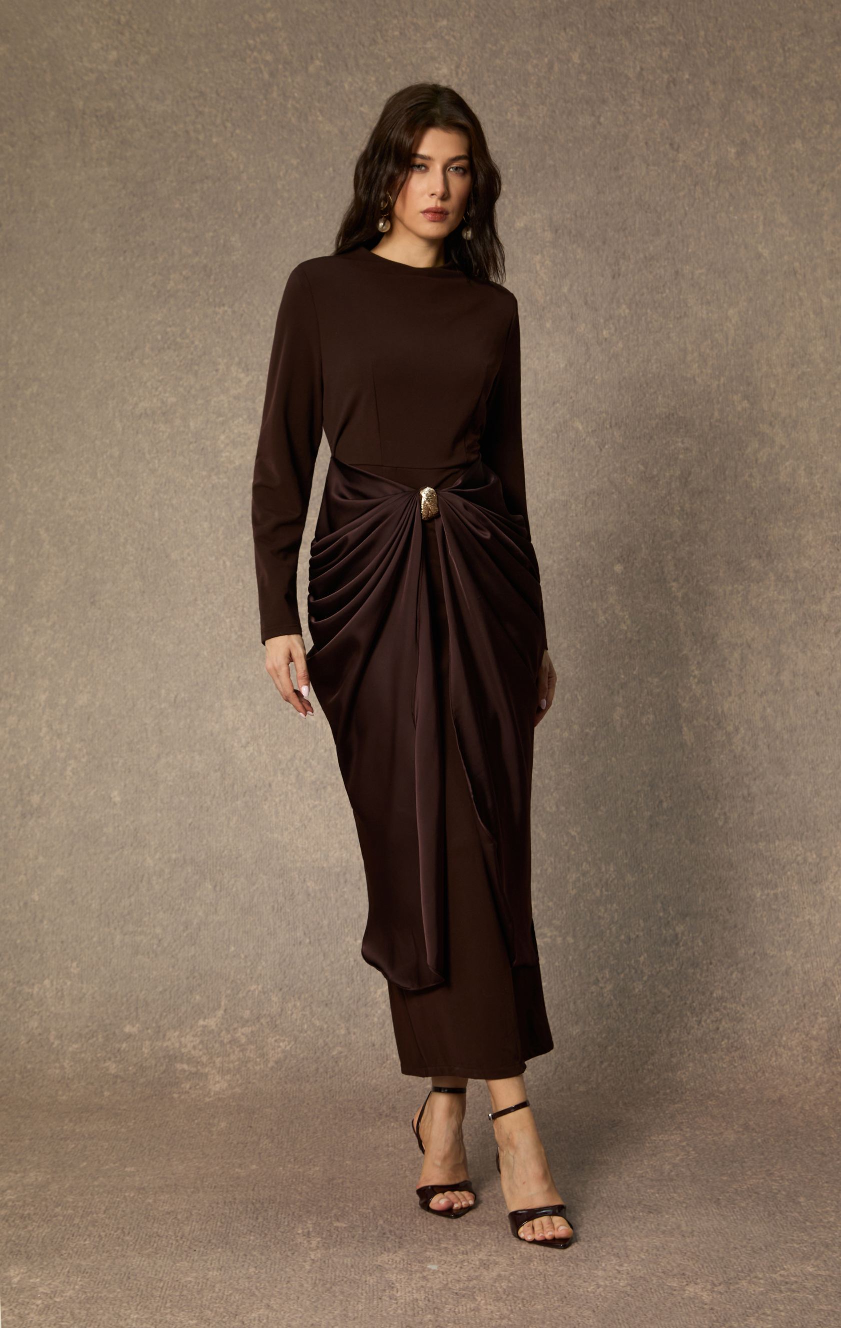 Refined Attitude Brown Metal Detail Draped Midi Dress