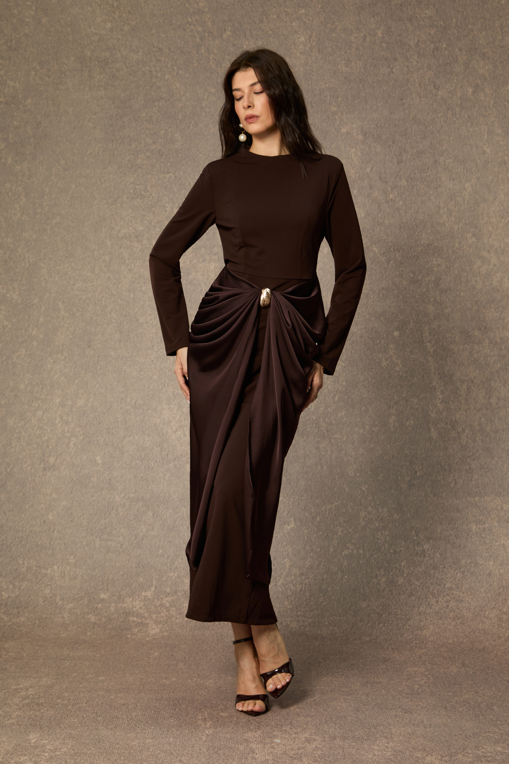 Refined Attitude Brown Metal Detail Draped Midi Dress