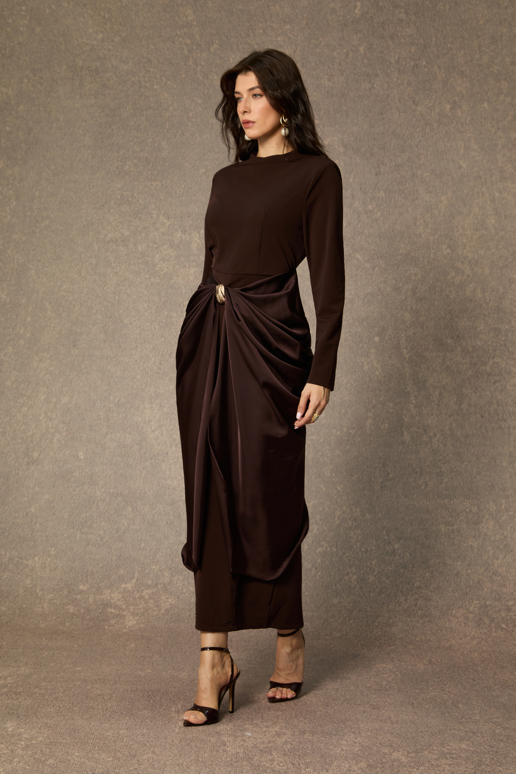 Refined Attitude Brown Metal Detail Draped Midi Dress