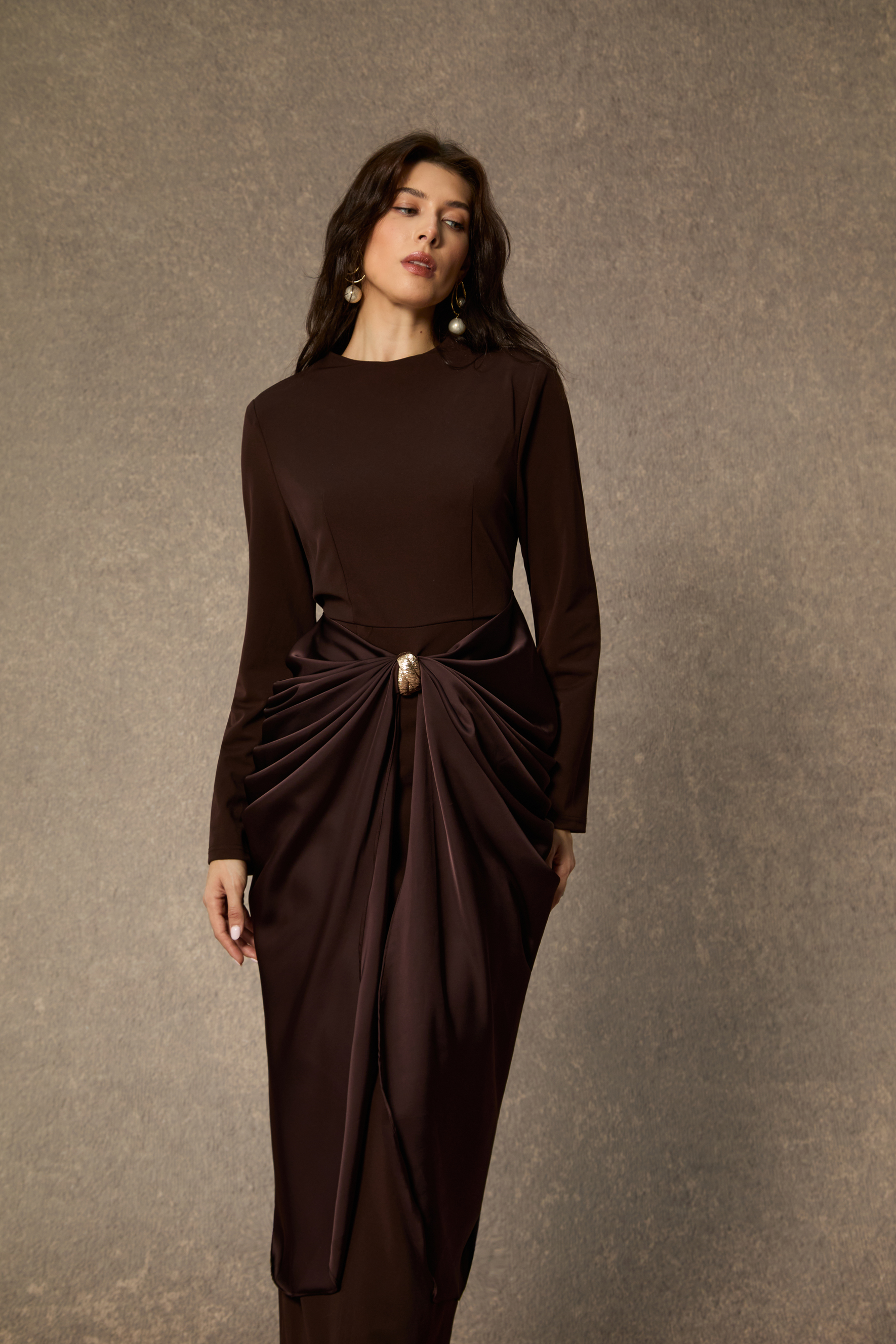 Refined Attitude Brown Metal Detail Draped Midi Dress