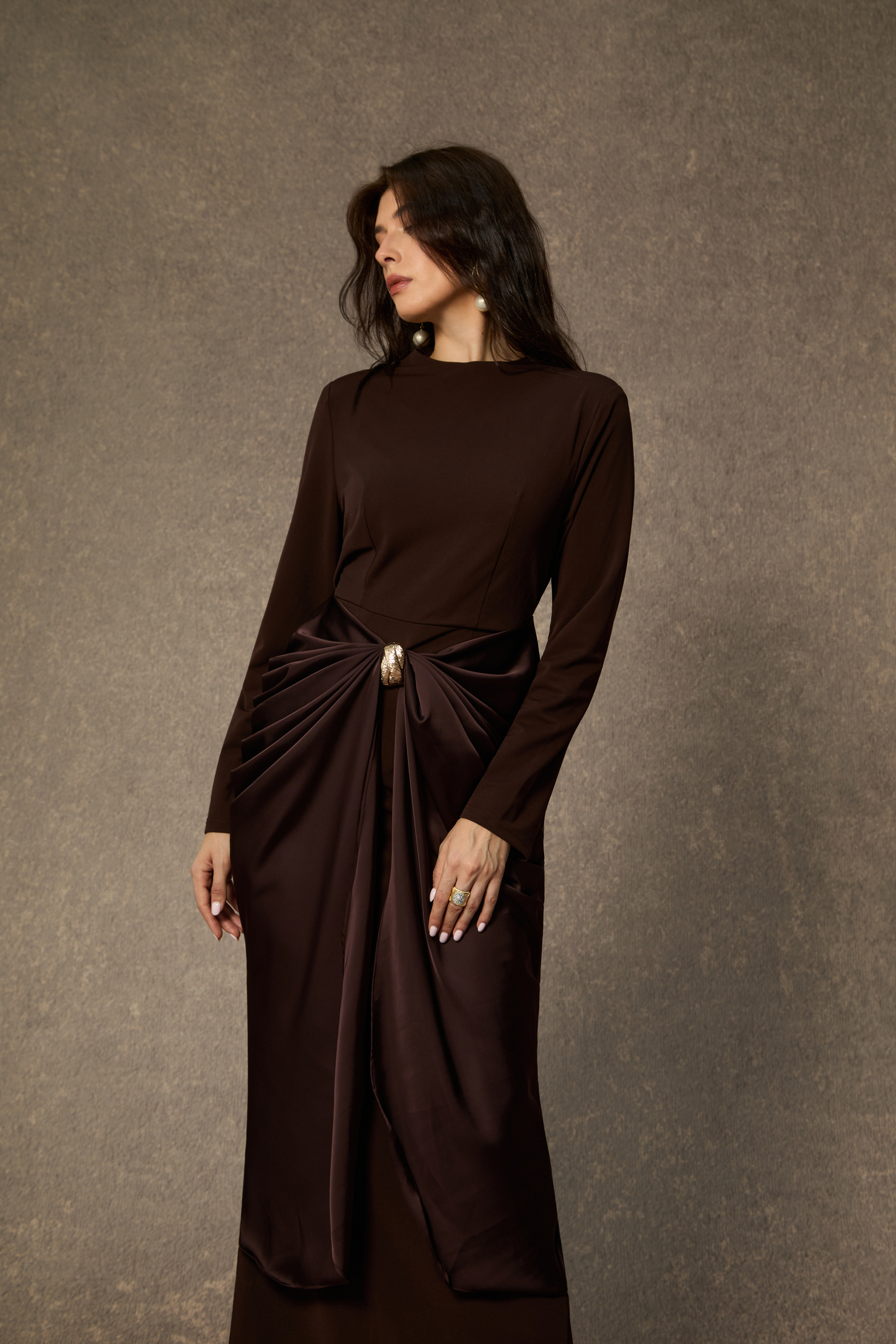 Refined Attitude Brown Metal Detail Draped Midi Dress