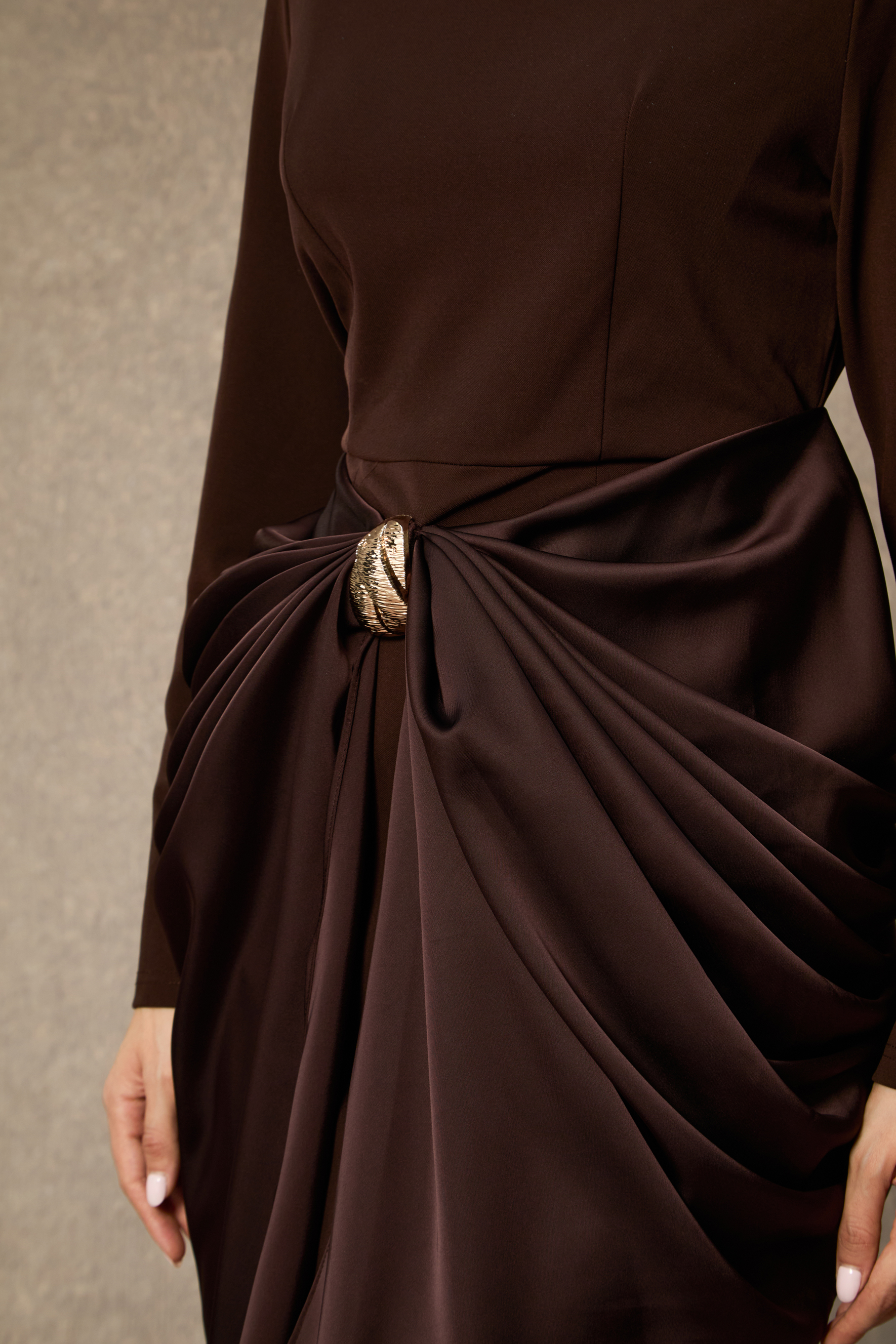 Refined Attitude Brown Metal Detail Draped Midi Dress