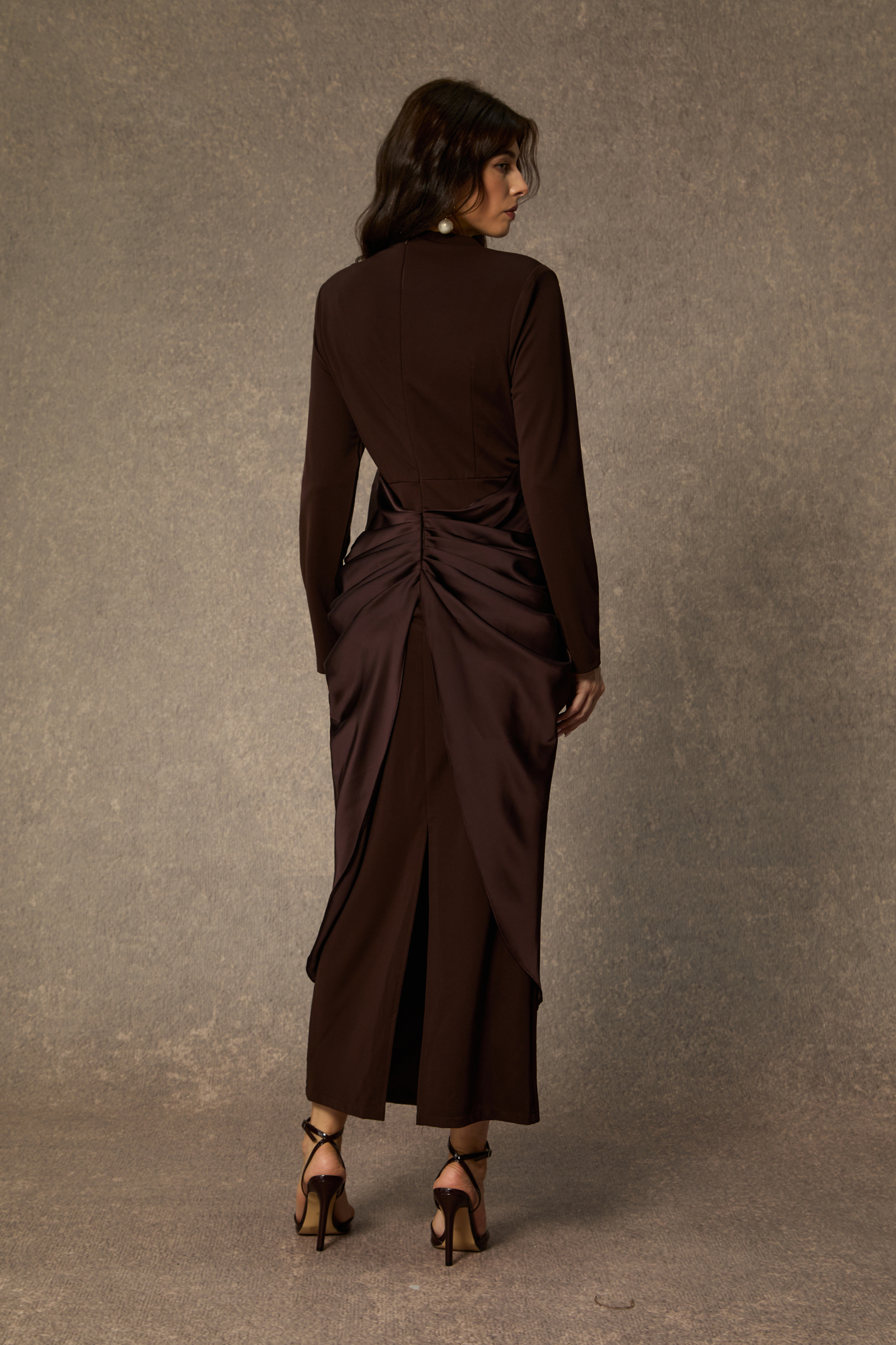 Refined Attitude Brown Metal Detail Draped Midi Dress