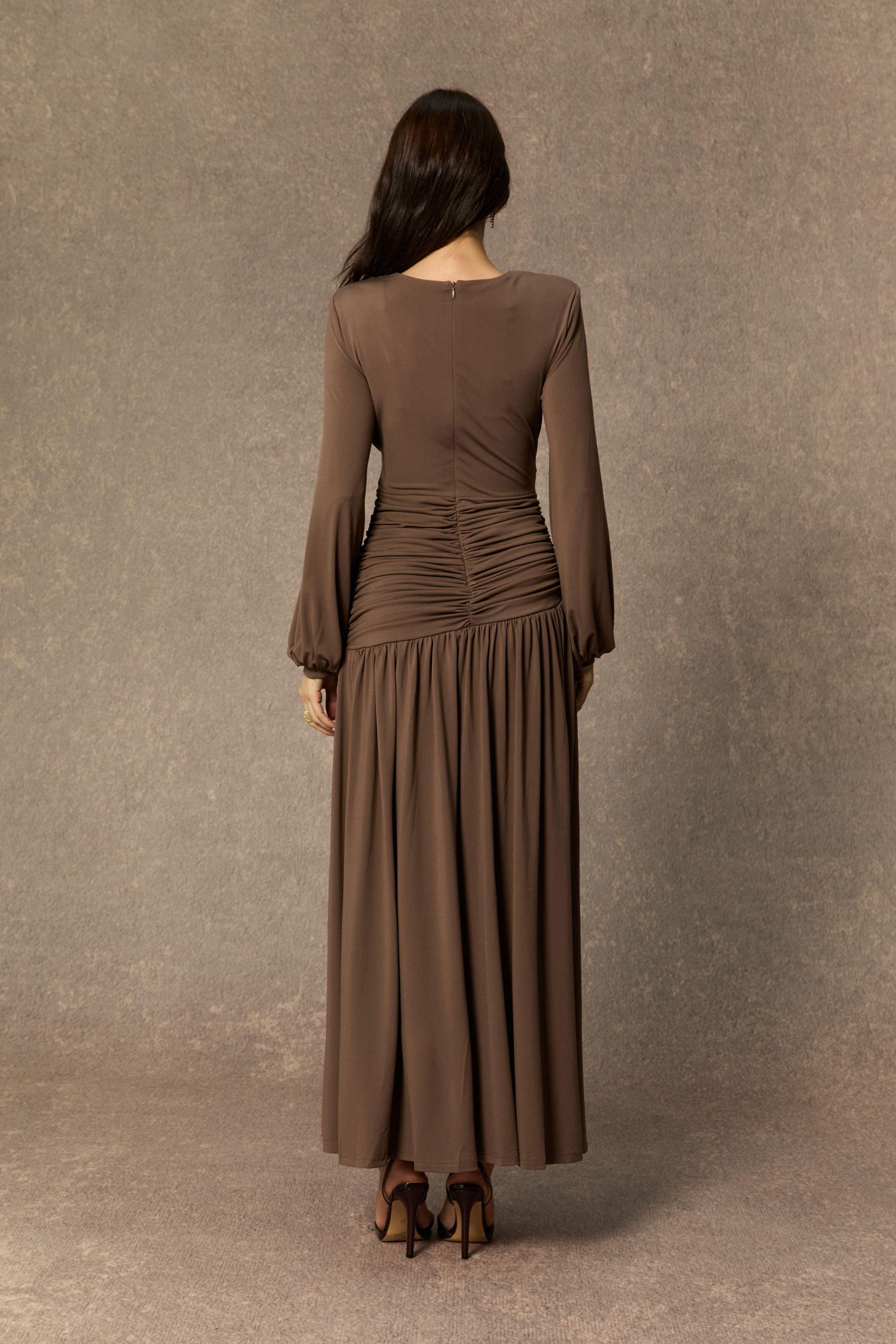 Beyond Classy Brown Asymmetric Ruched Maxi Dress