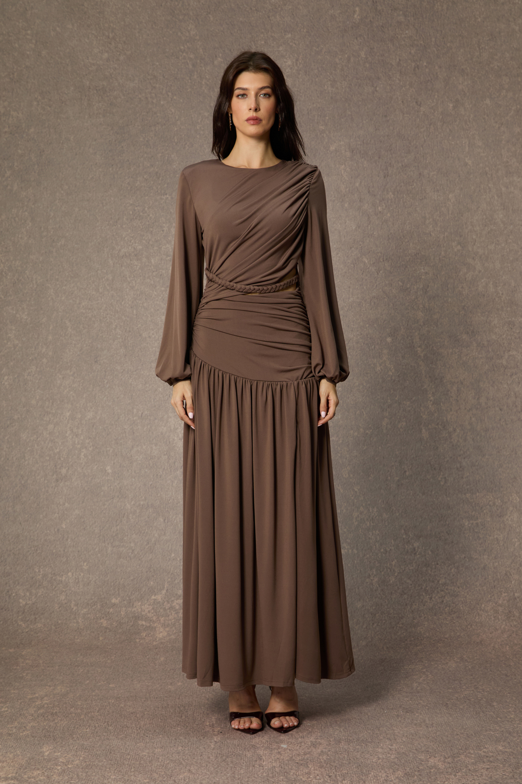 Beyond Classy Brown Asymmetric Ruched Maxi Dress