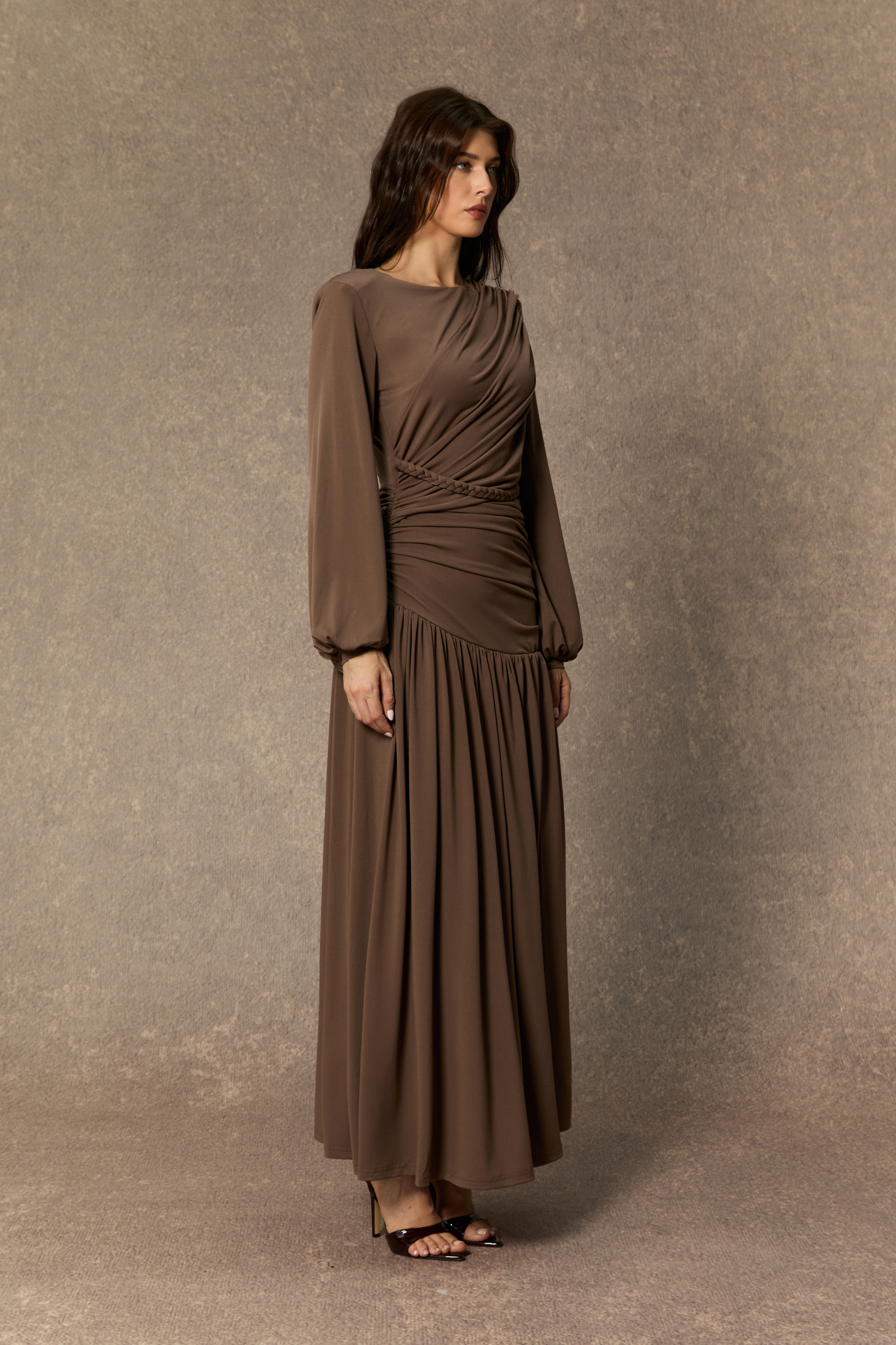 Beyond Classy Brown Asymmetric Ruched Maxi Dress