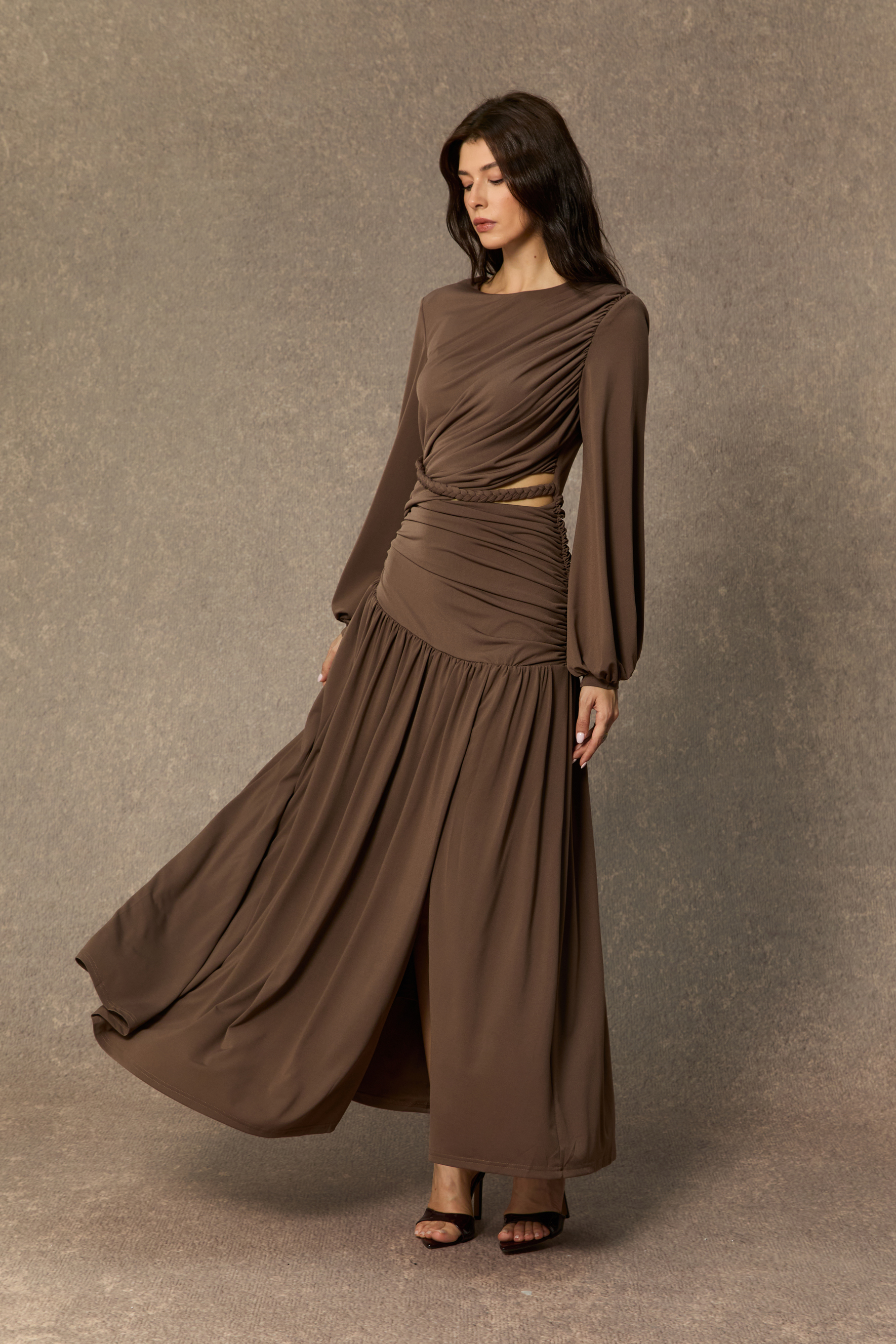 Beyond Classy Brown Asymmetric Ruched Maxi Dress