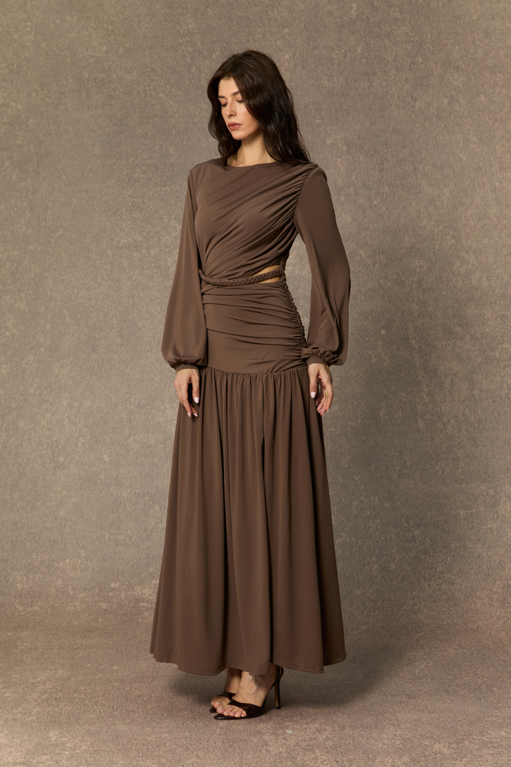 Beyond Classy Brown Asymmetric Ruched Maxi Dress
