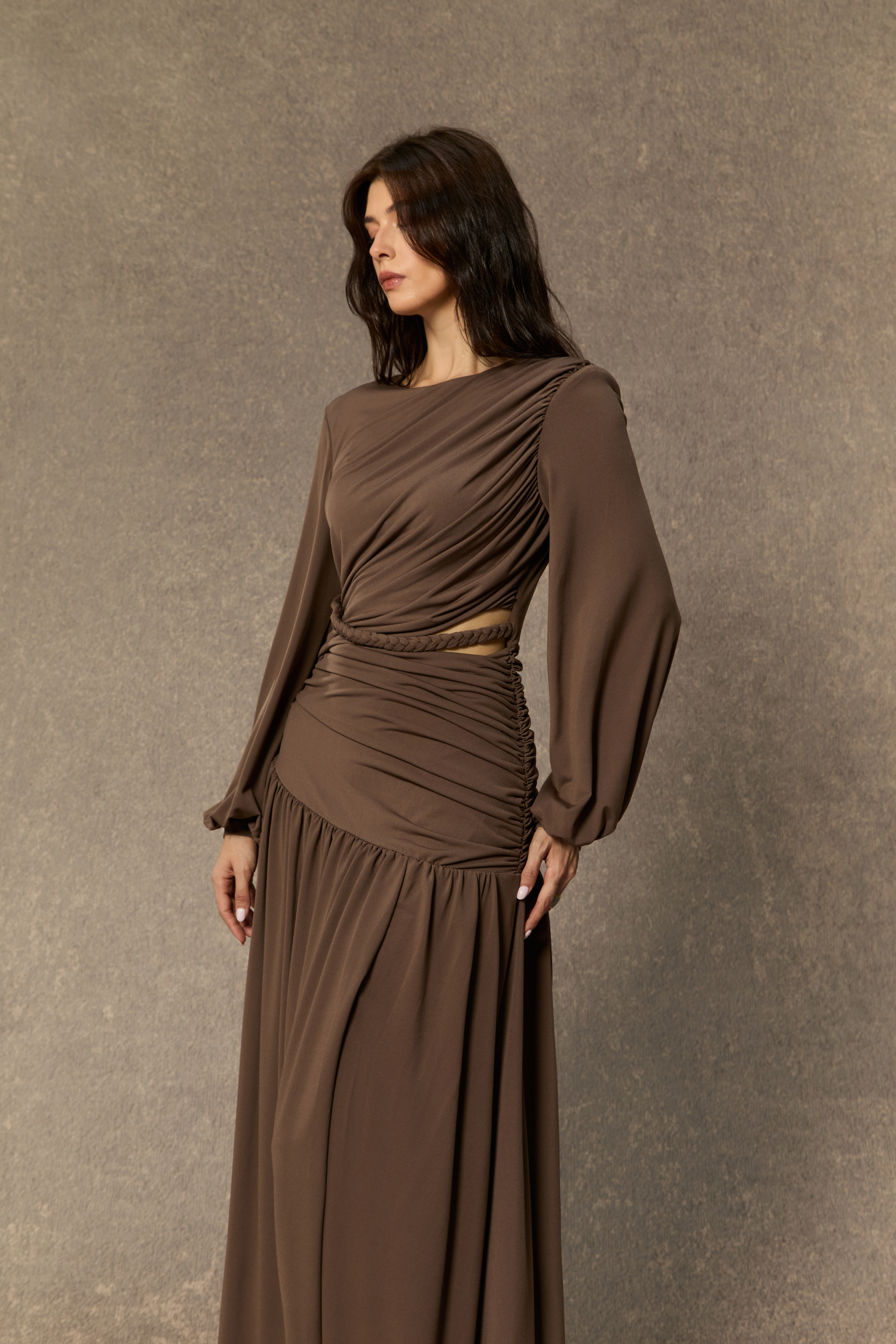 Beyond Classy Brown Asymmetric Ruched Maxi Dress
