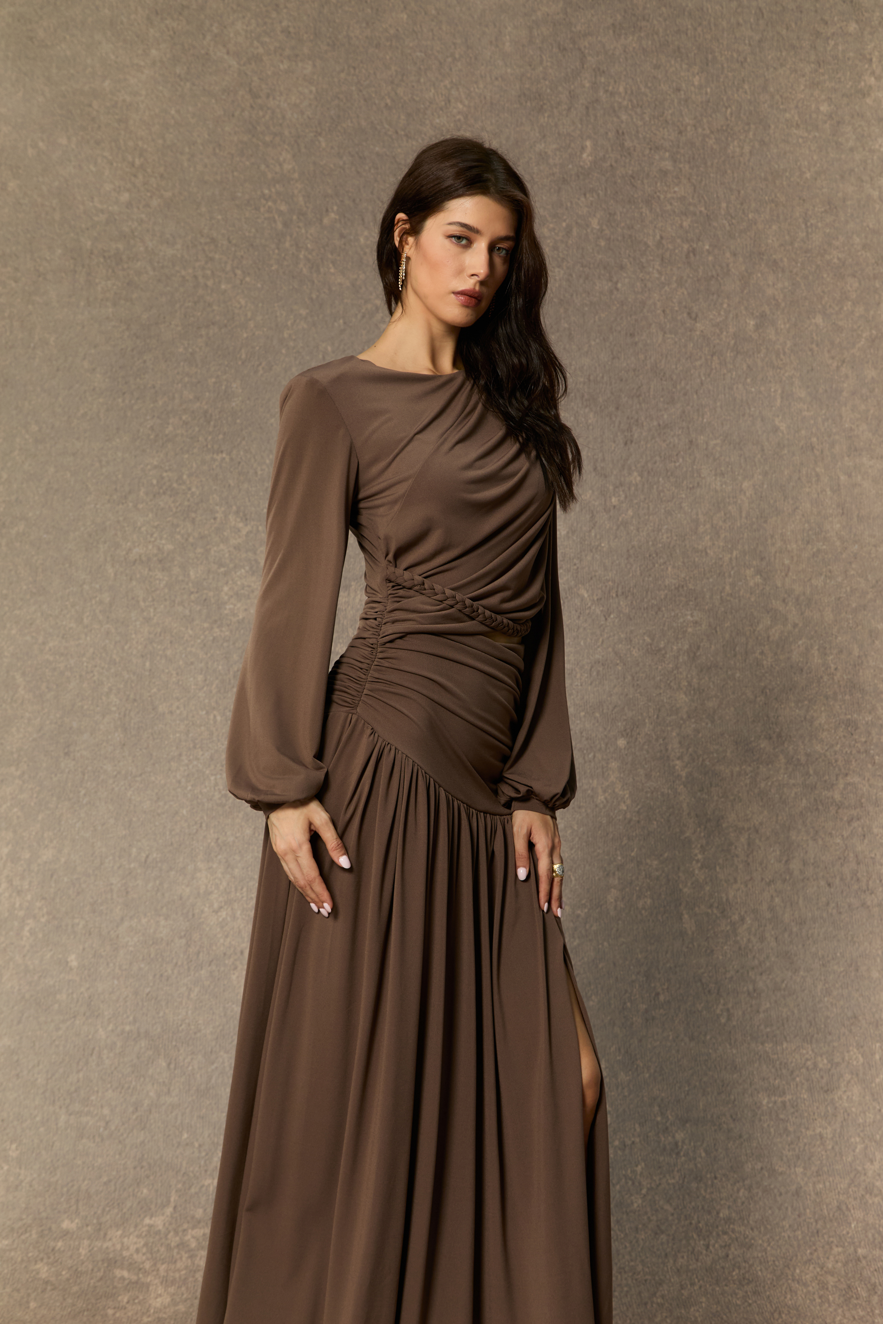 Beyond Classy Brown Asymmetric Ruched Maxi Dress