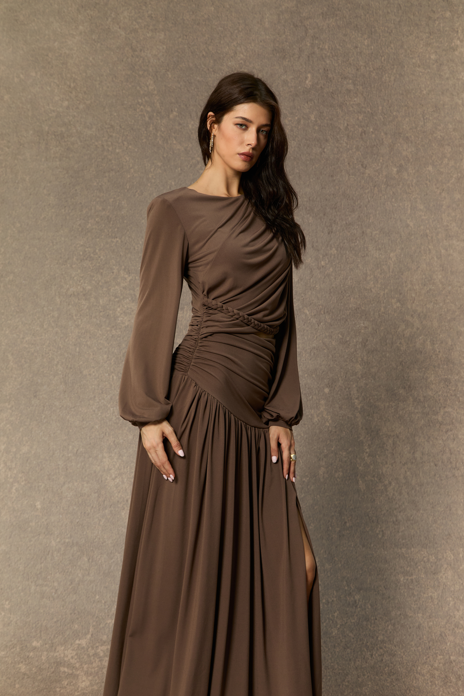 Beyond Classy Brown Asymmetric Ruched Maxi Dress