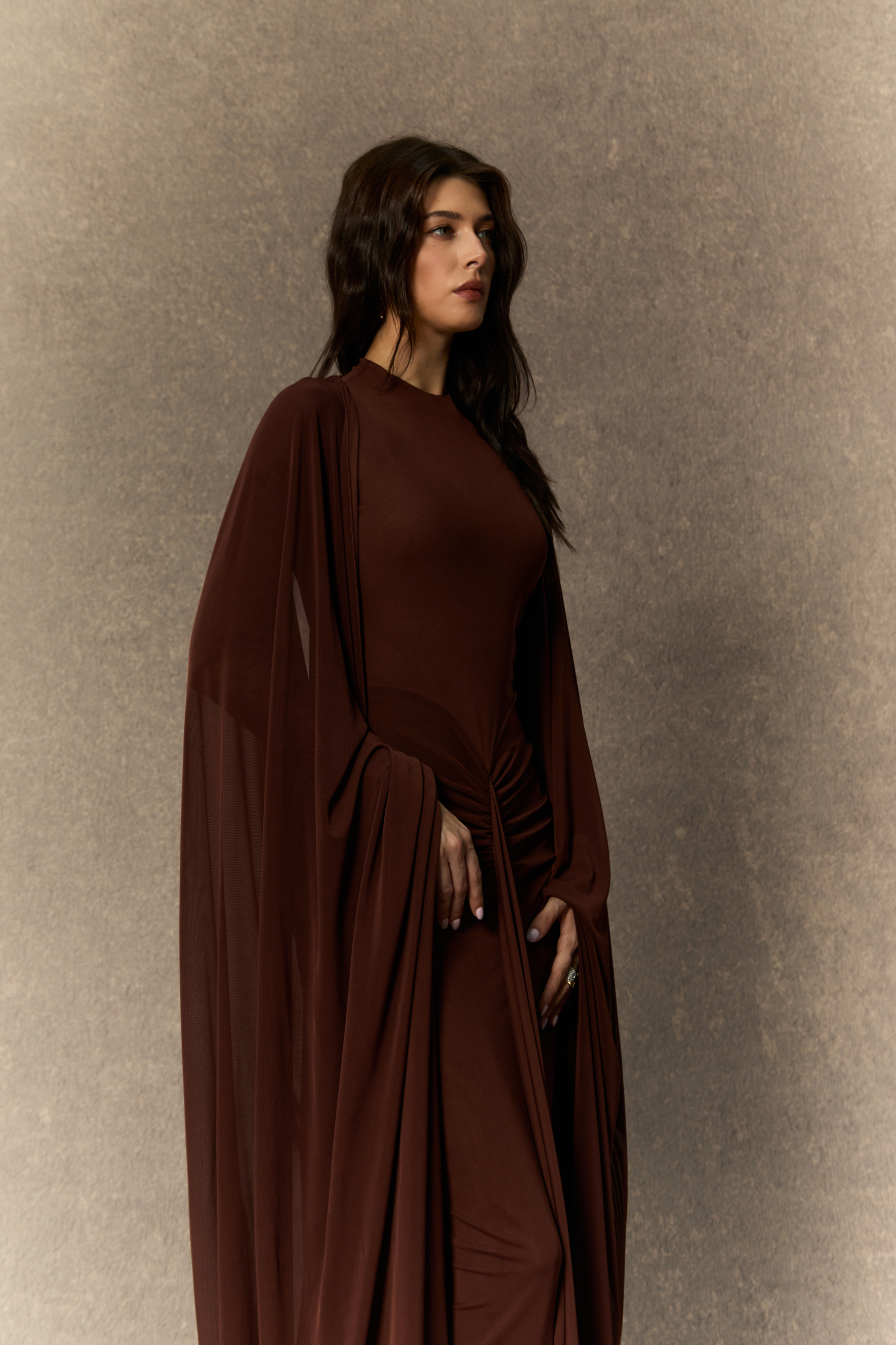 Alexis Long Sleeve Draped Cape Maxi Dress