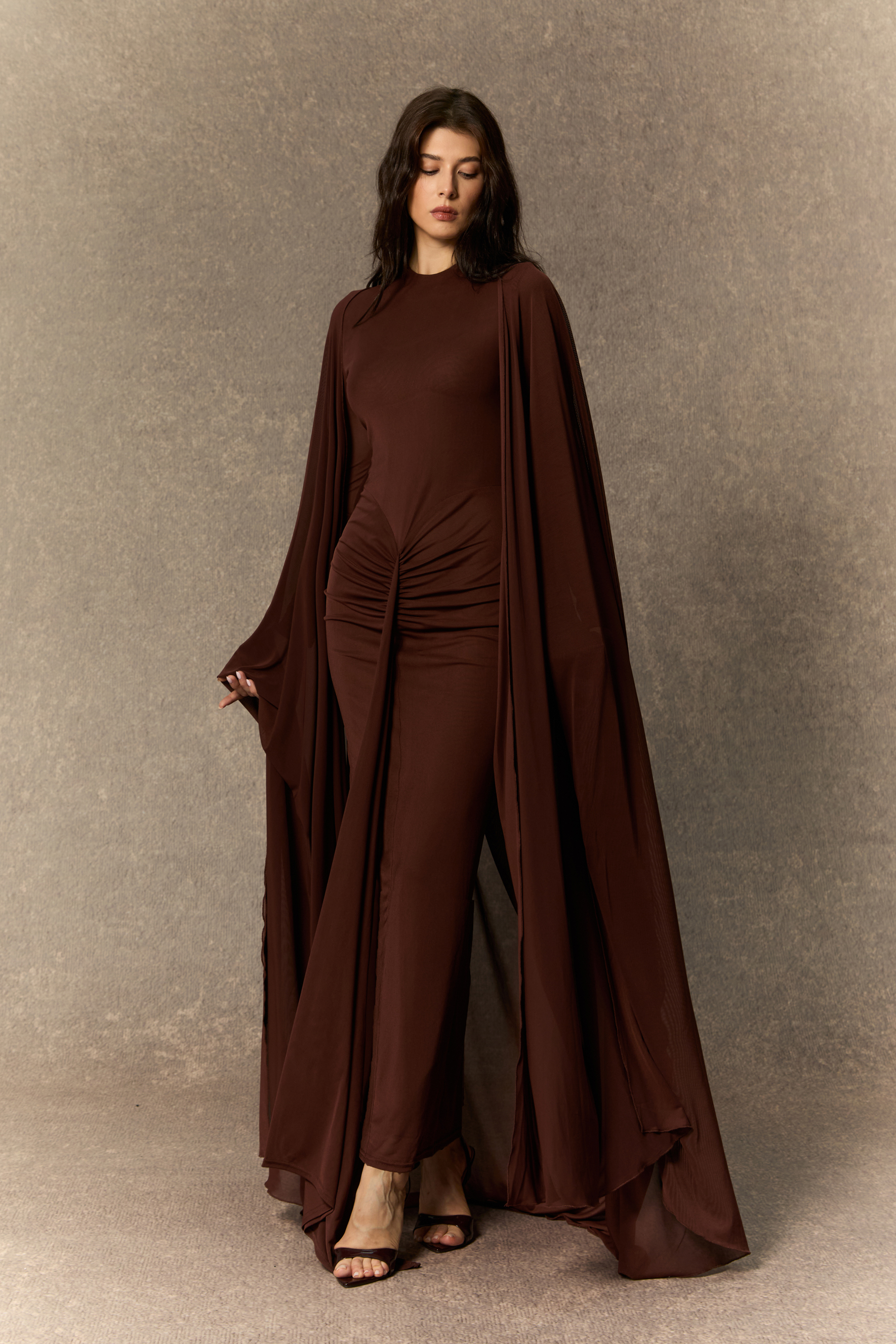 Alexis Long Sleeve Draped Cape Maxi Dress